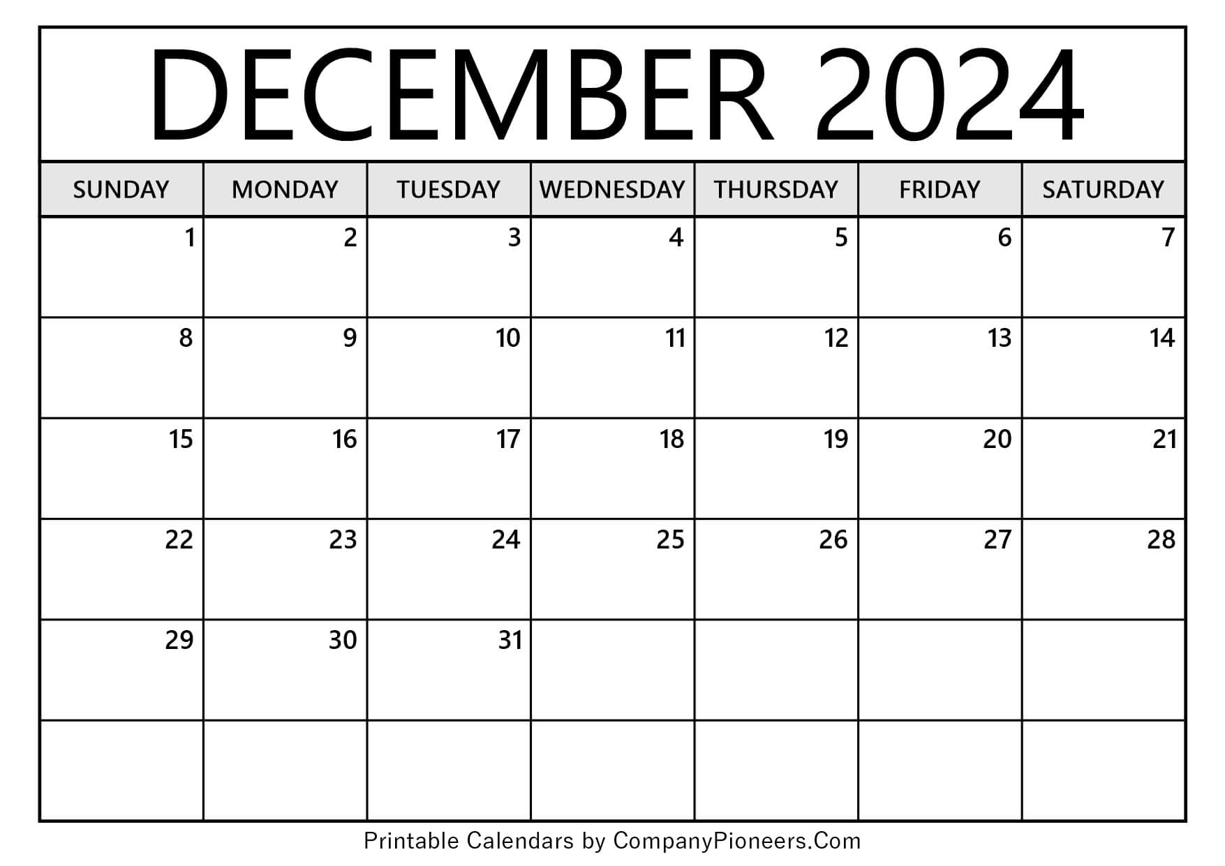 December 2024 Calendar Template Blank