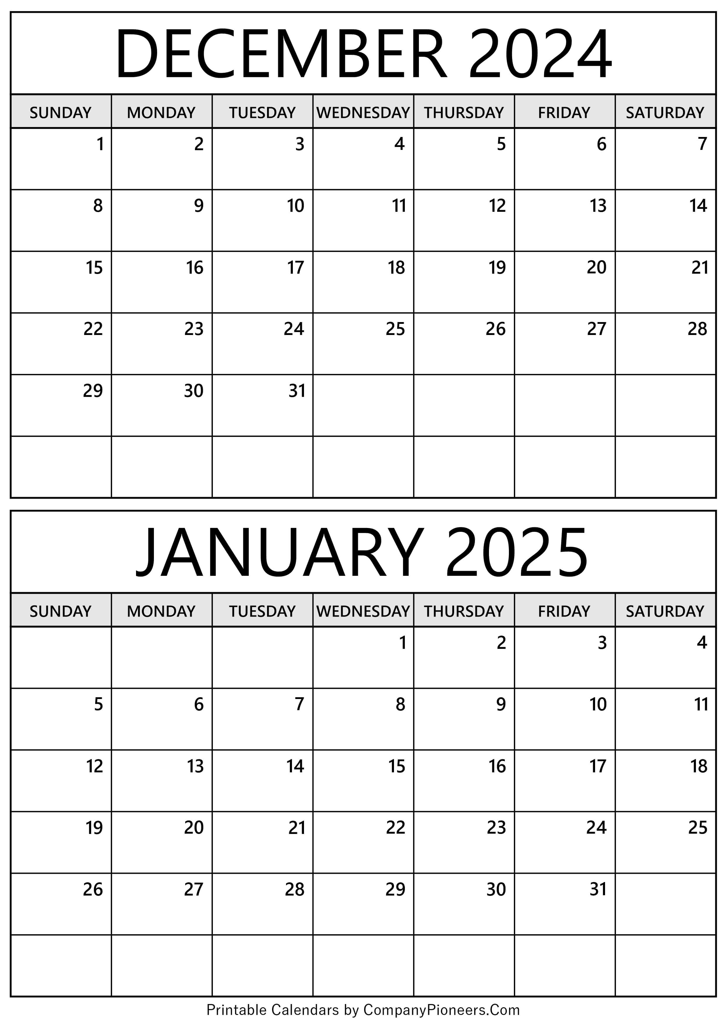 December 2024 January 2025 Calendar