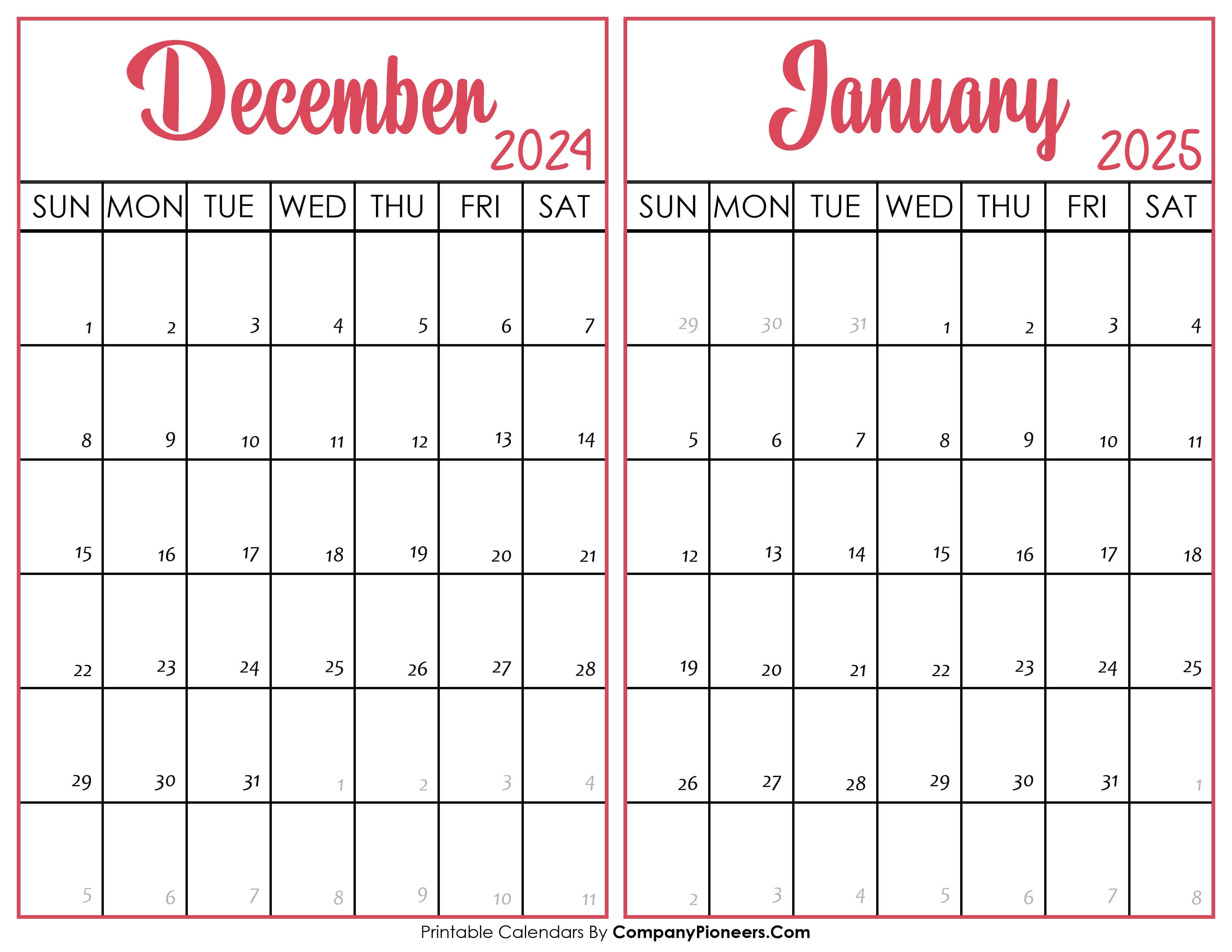 December 2024 and January 2025 Calendar