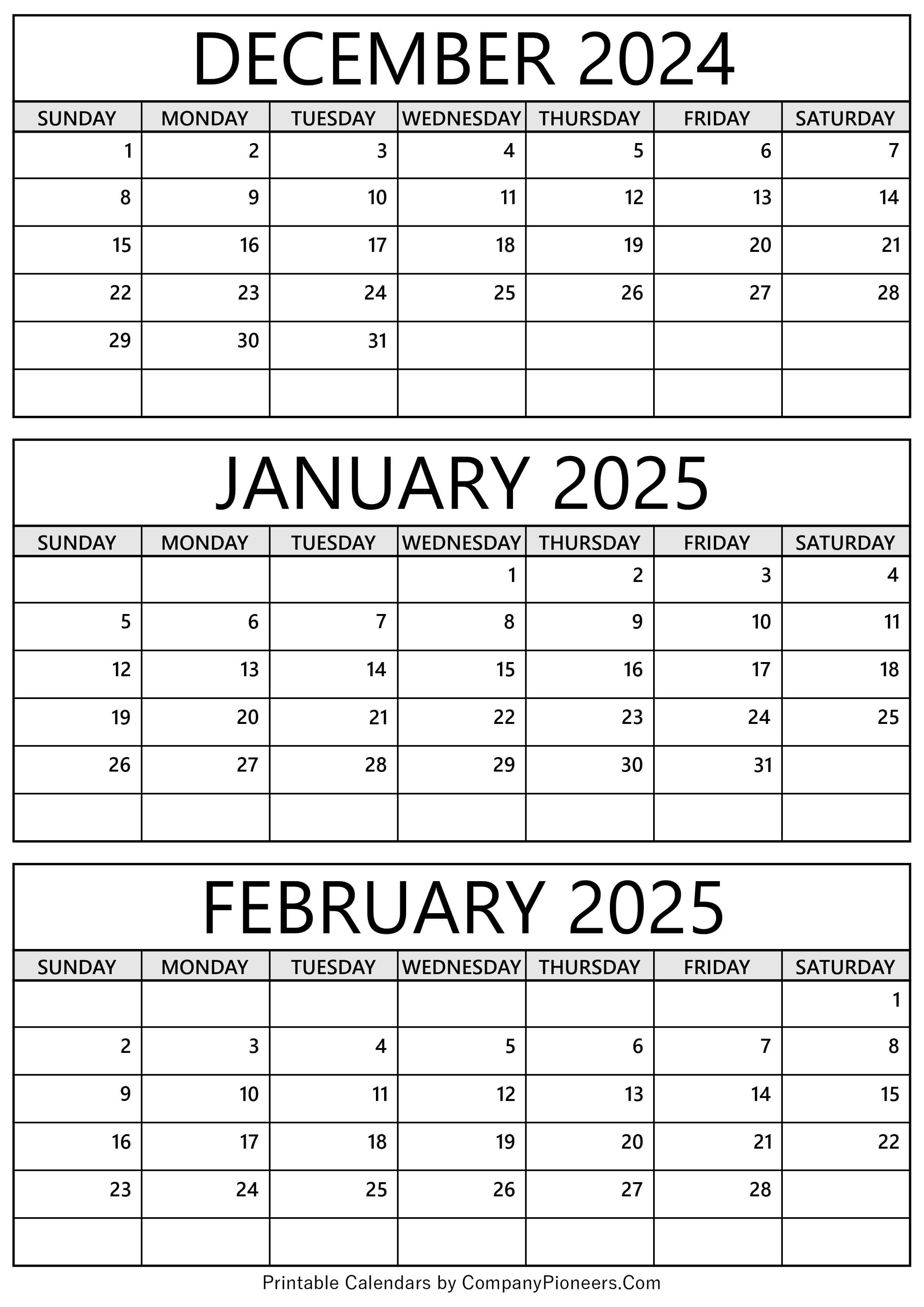 December 2024 to February 2025 Calendar