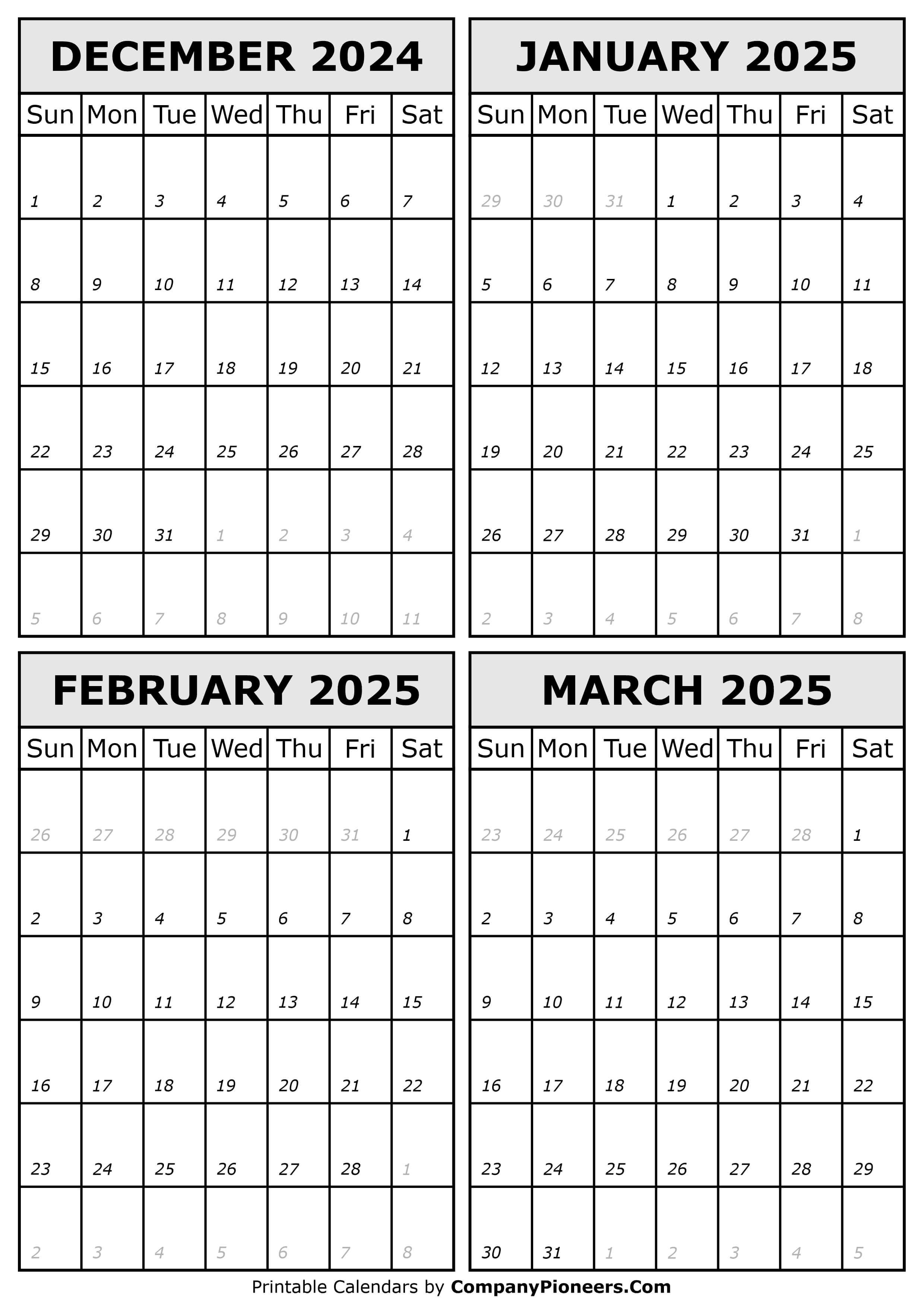December 2024 to March 2025 Calendar Template