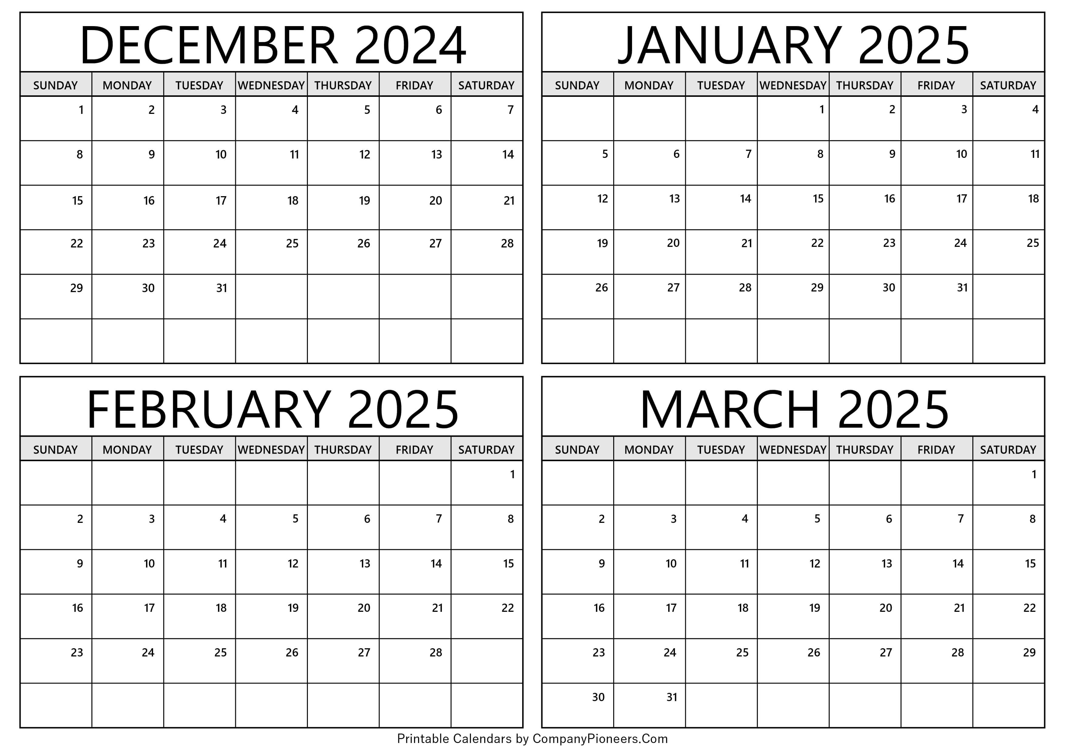 December 2024 to March 2025 Calendar