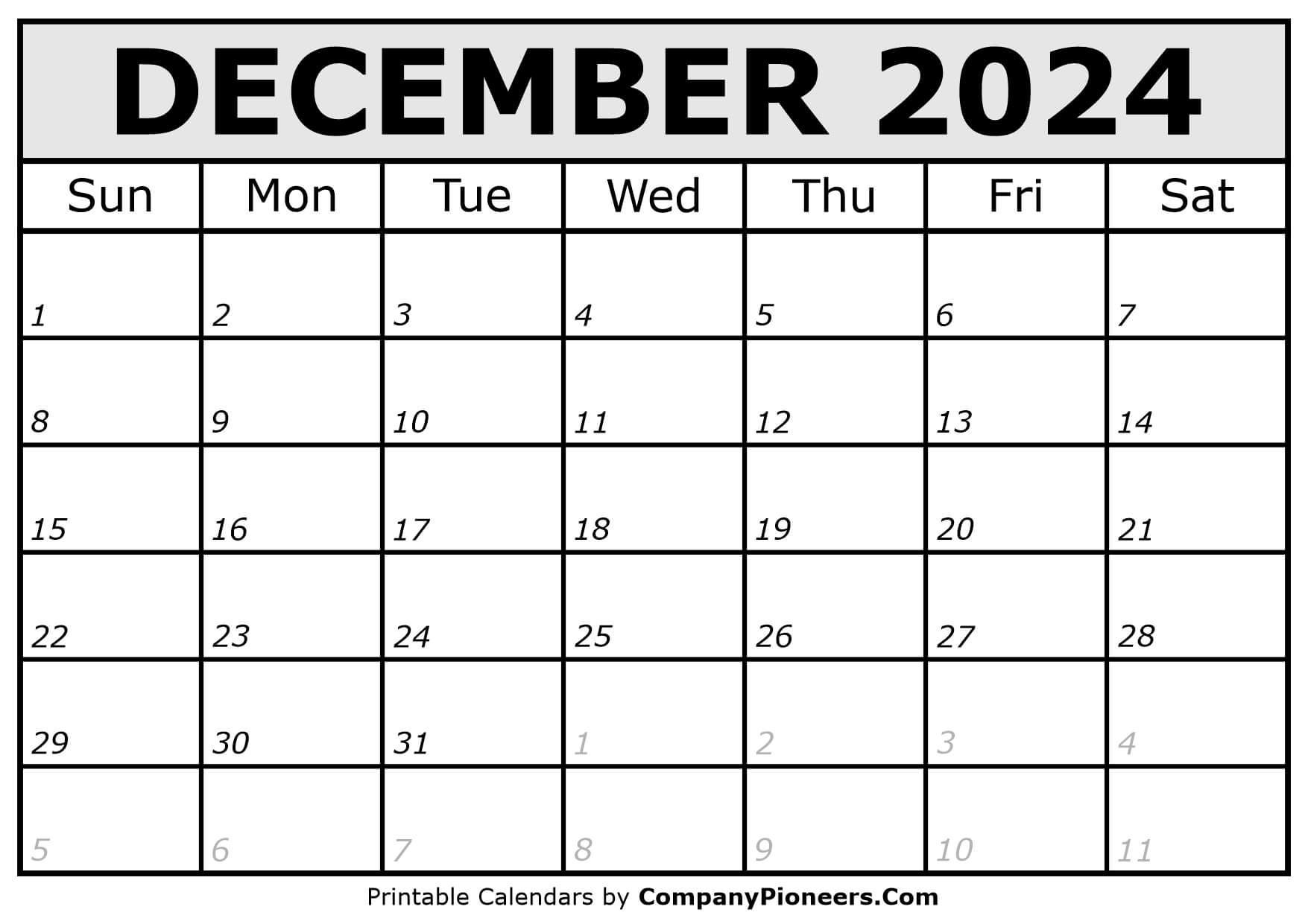 Printable December 2024 Calendar Italic Font