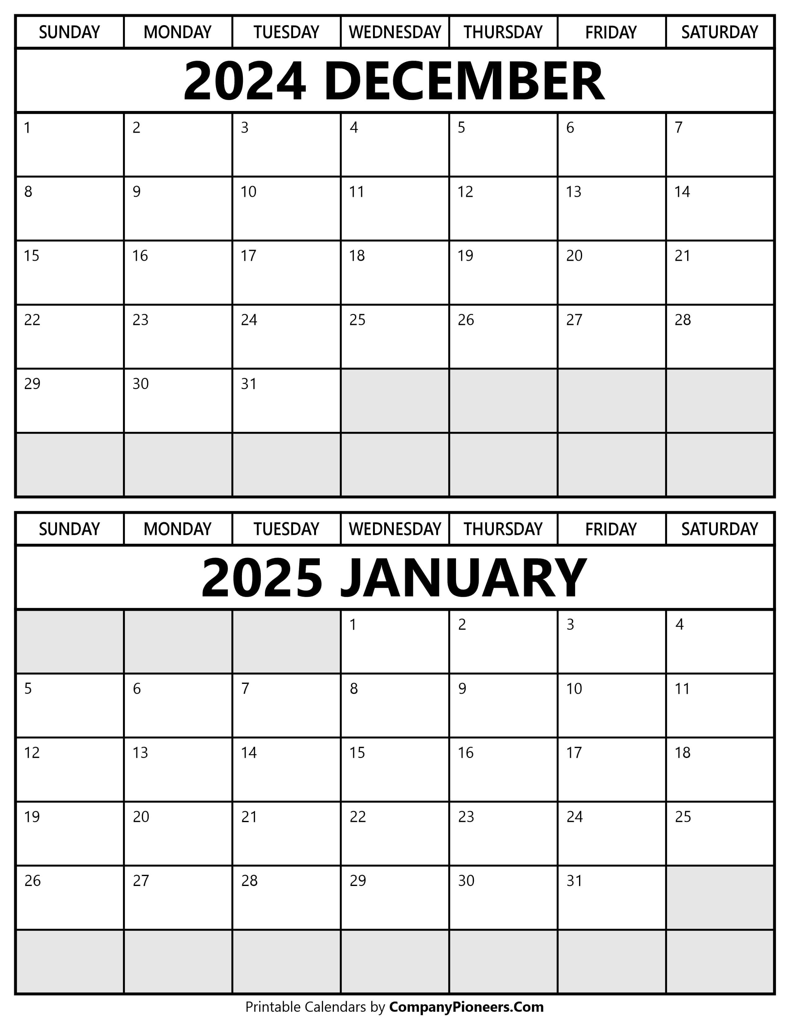 Printable December 2024 January 2025 Calendar