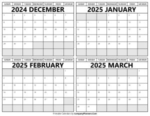 Printable December 2024 to March 2025 Calendars