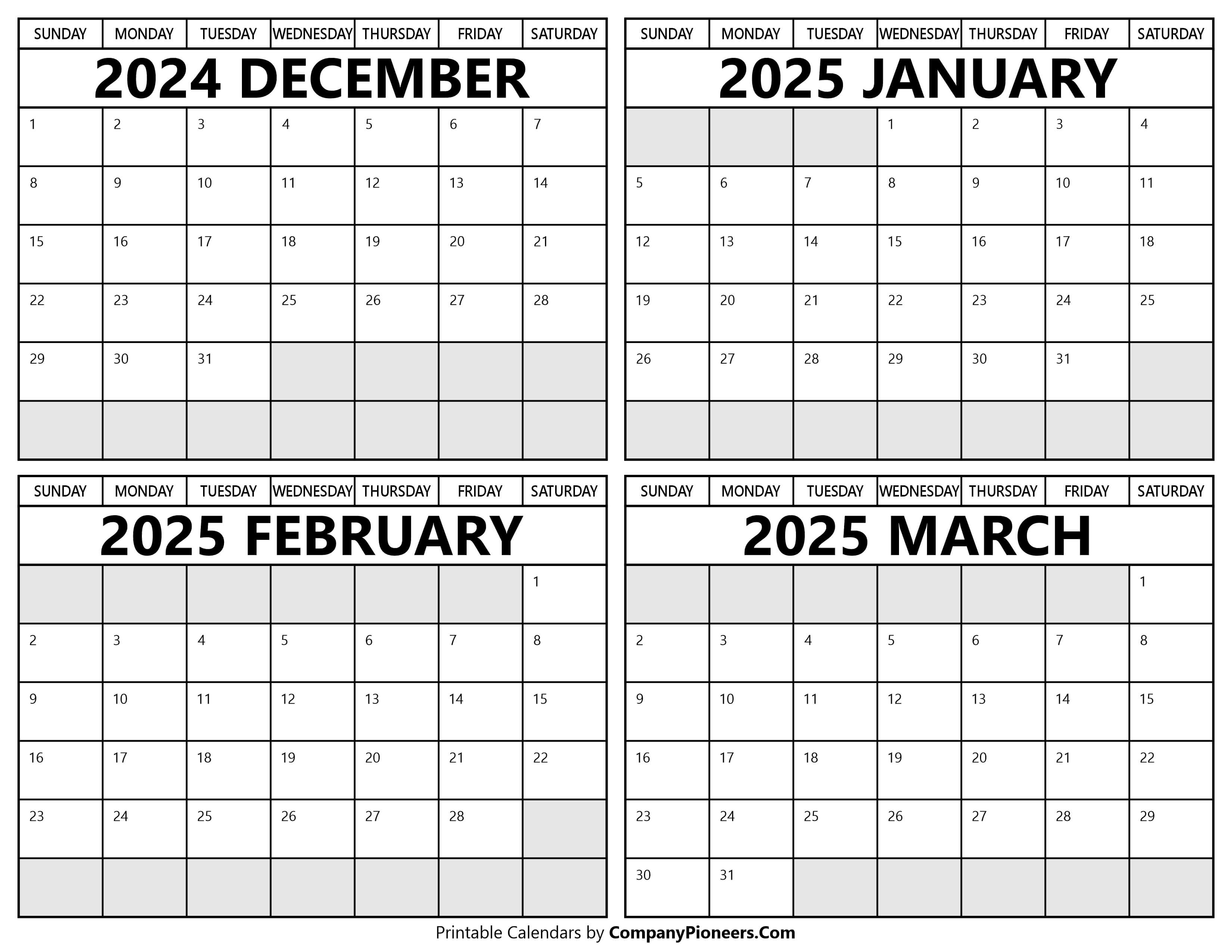 Printable December 2024 to March 2025 Calendars