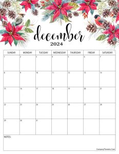 Red Roses Flower December 2024 Calendar with Notes
