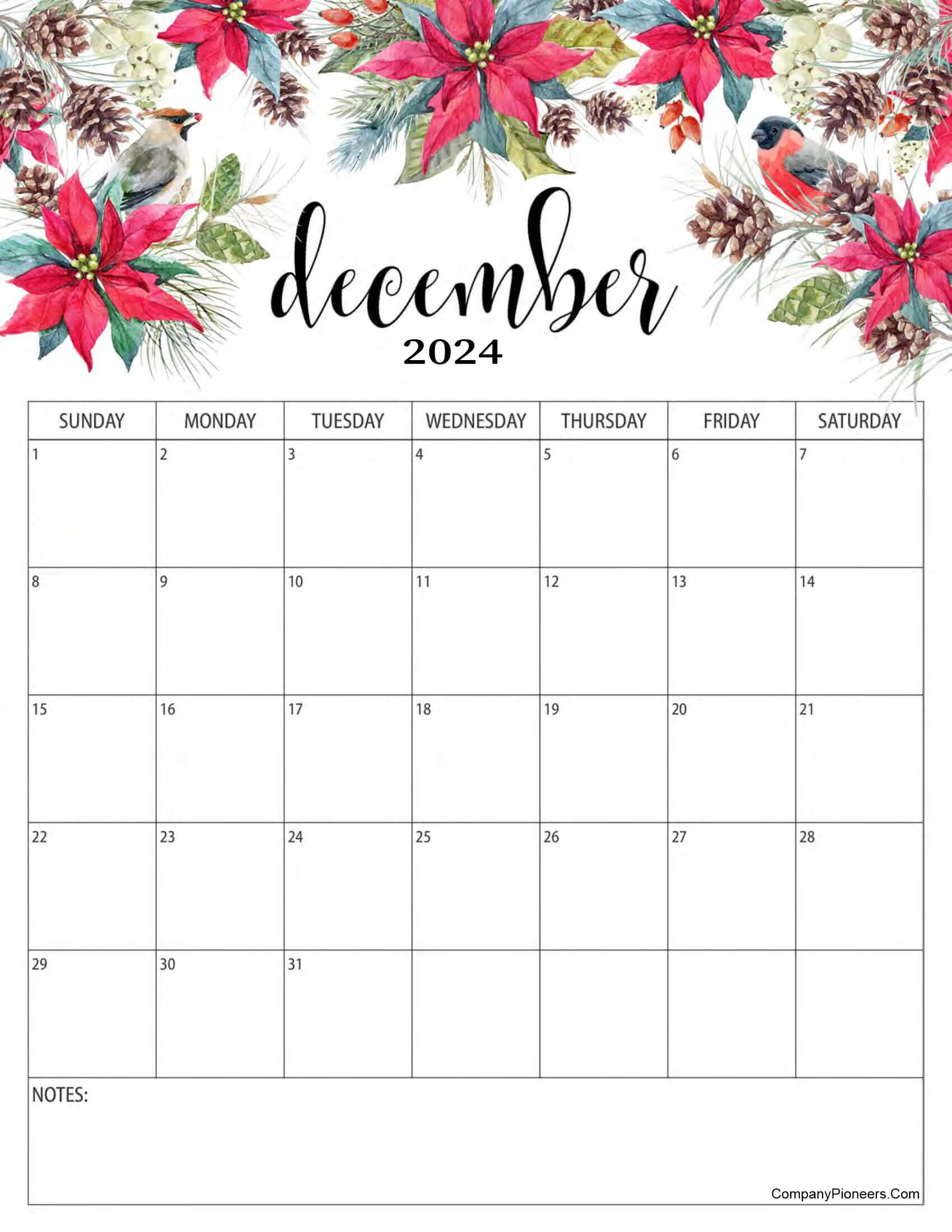 Red Roses Flower December 2024 Calendar with Notes