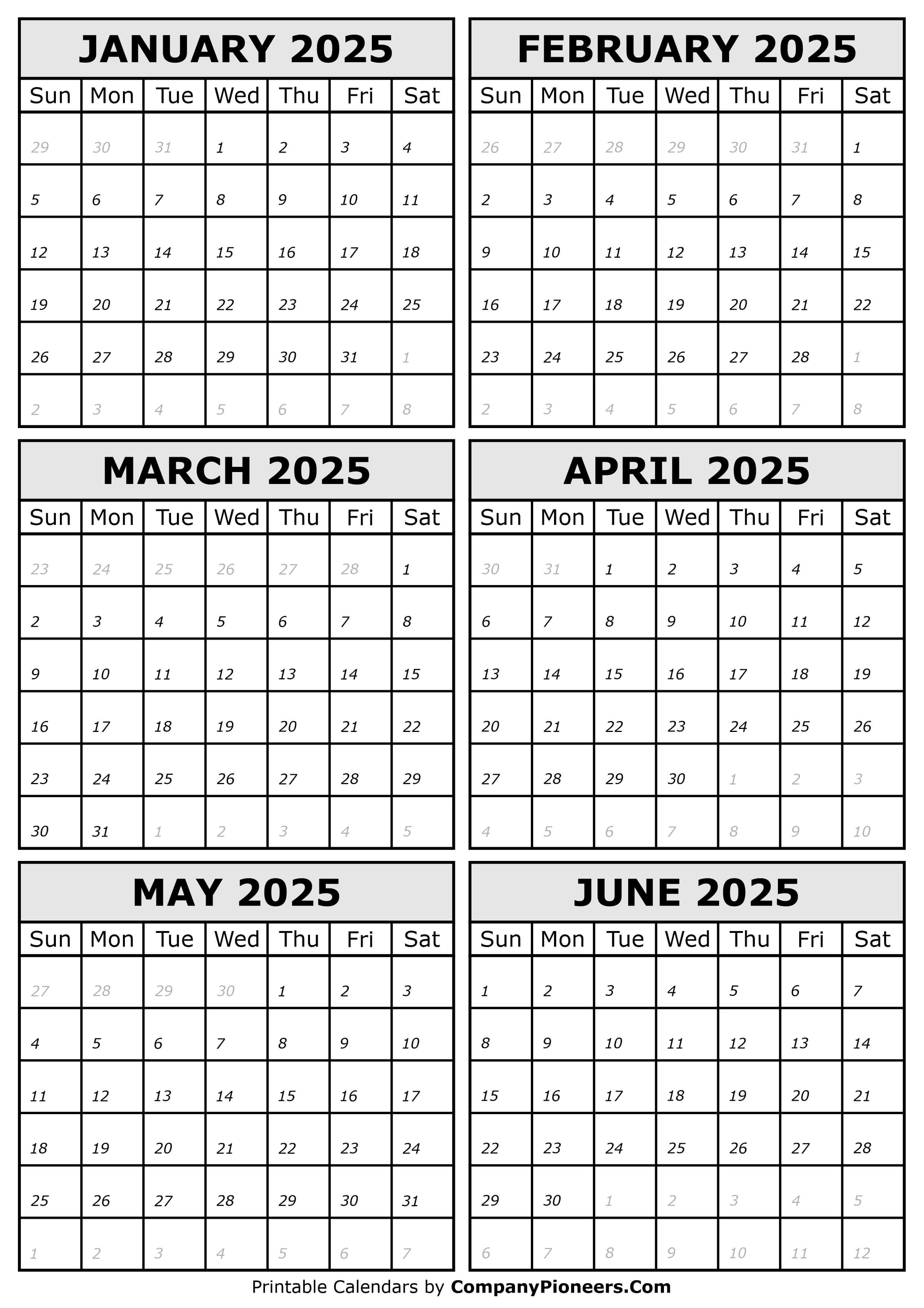 2025 January to June Calendar