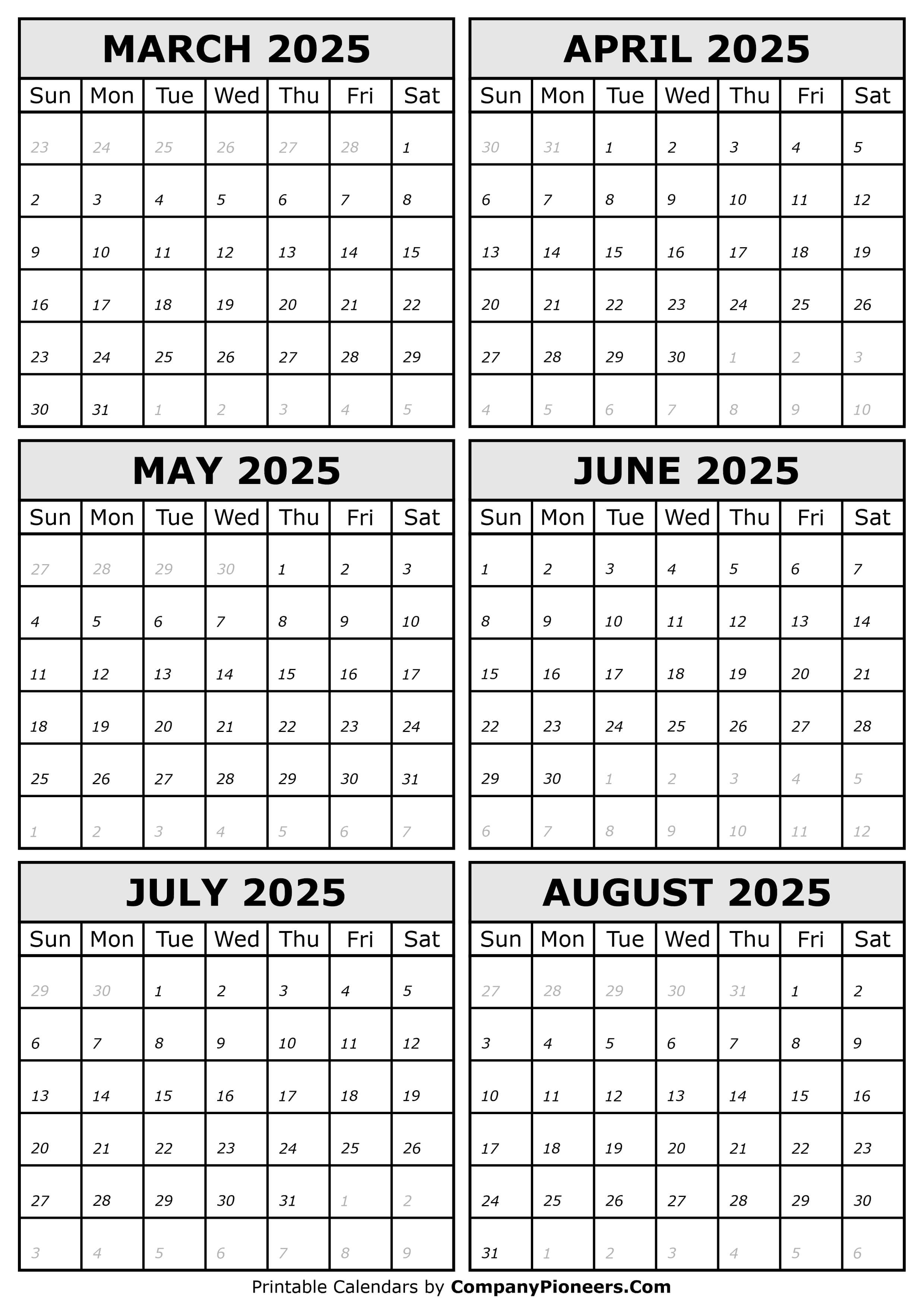 2025 March to August Calendar