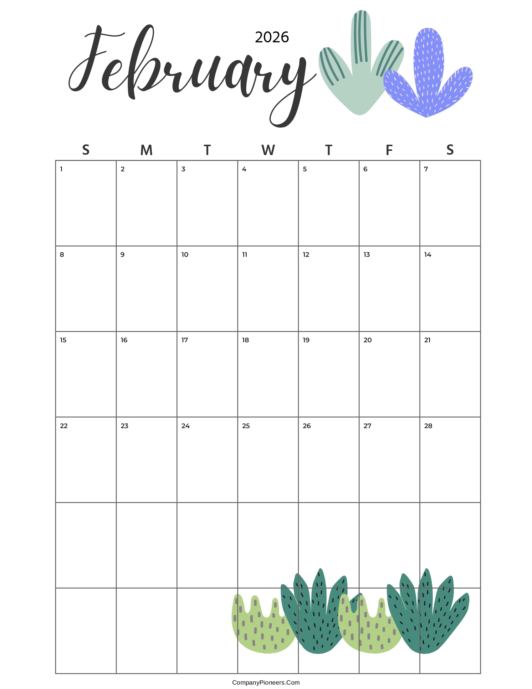 Calendar February 2026 Cute Cactus Leaves