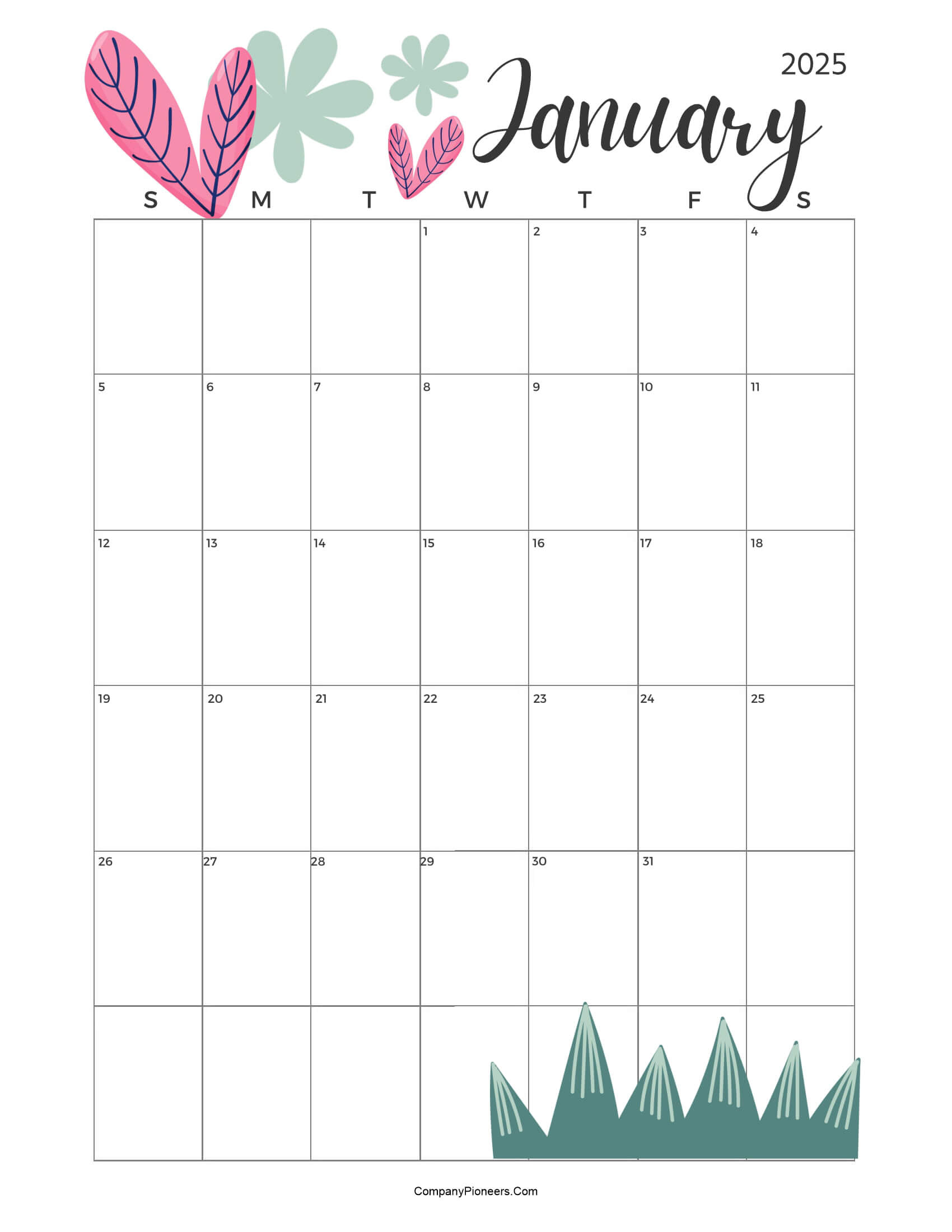 Calendar January 2025 Cute Cactus Leaves