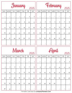Calendar January to April 2025