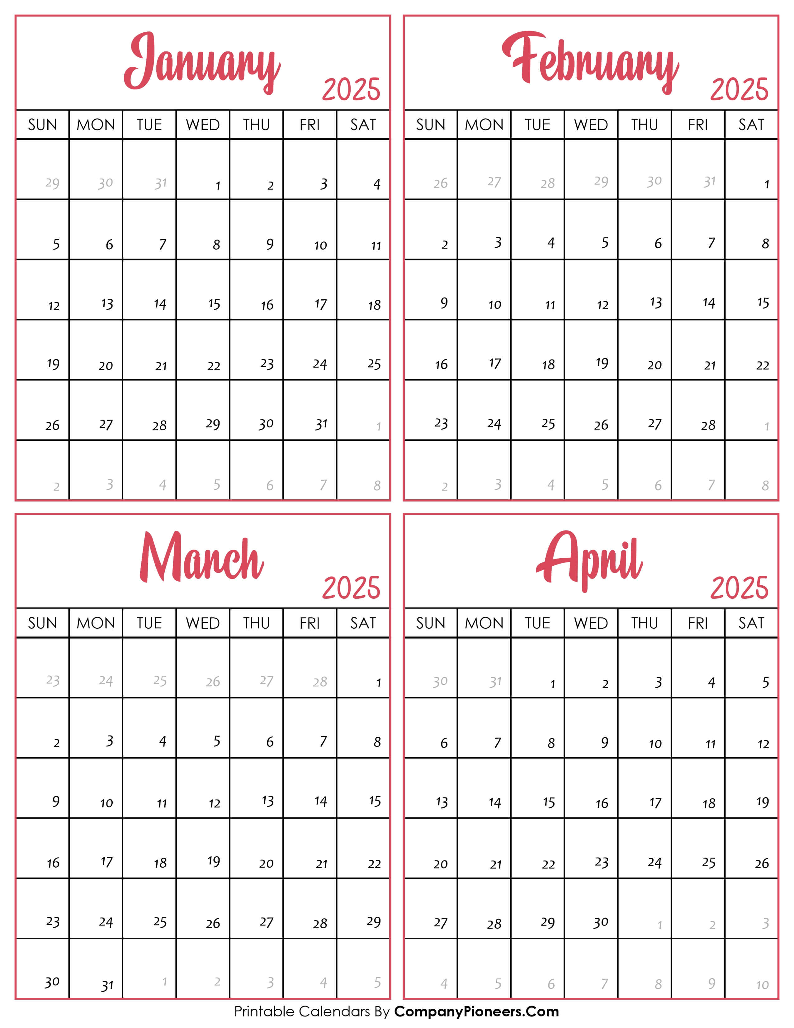 Calendar January to April 2025