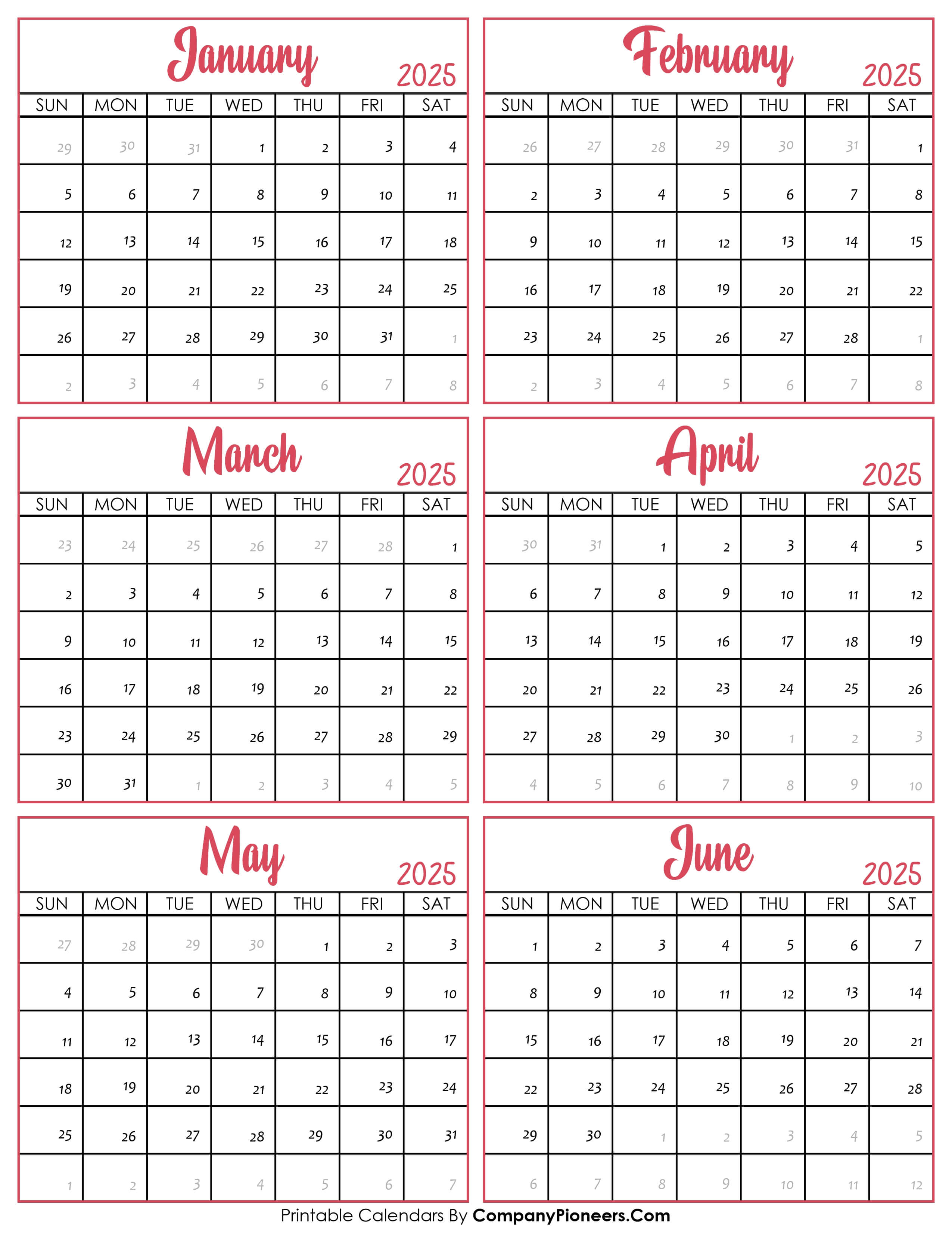 Calendar January to June 2025