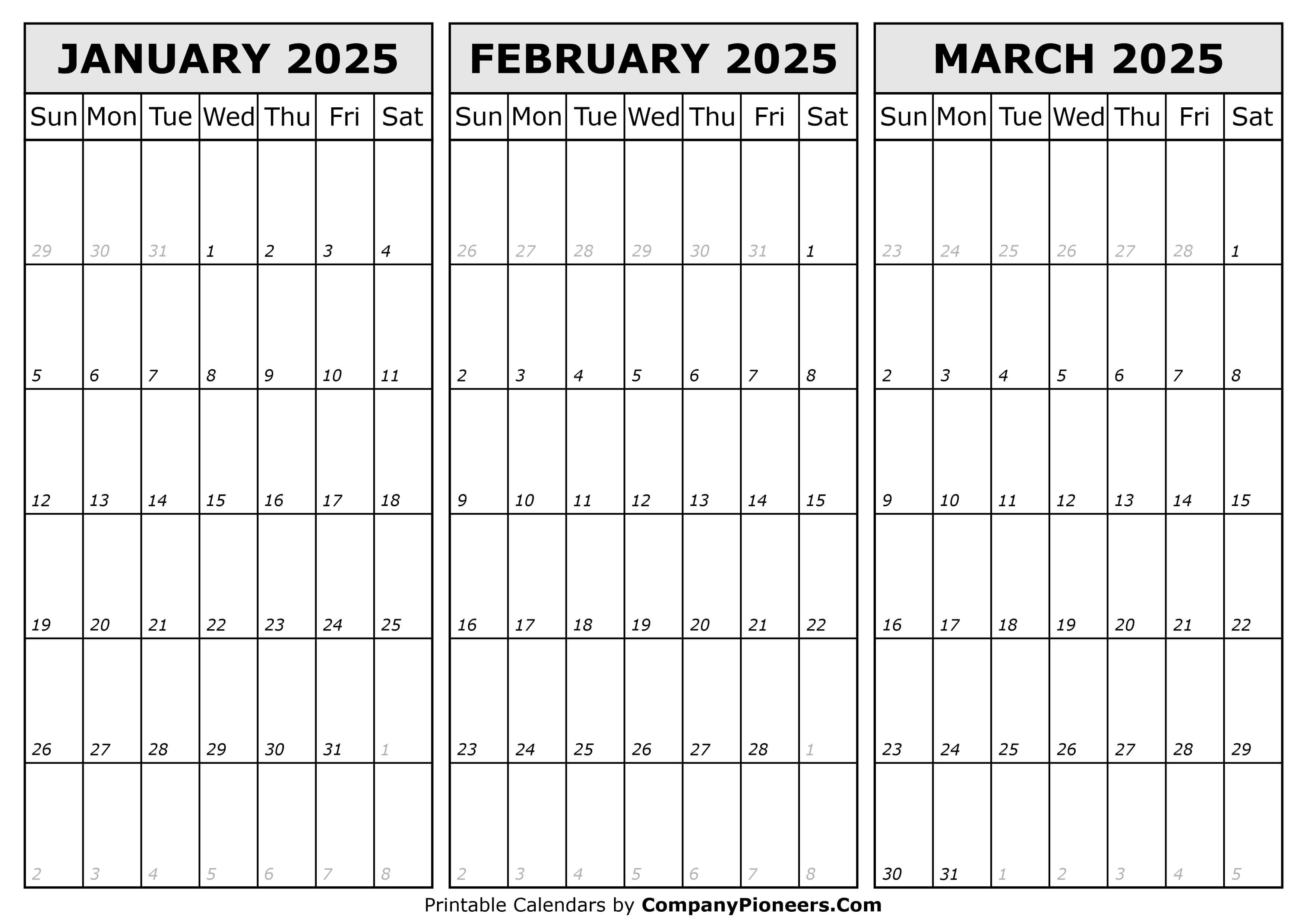 Calendar January to March 2025