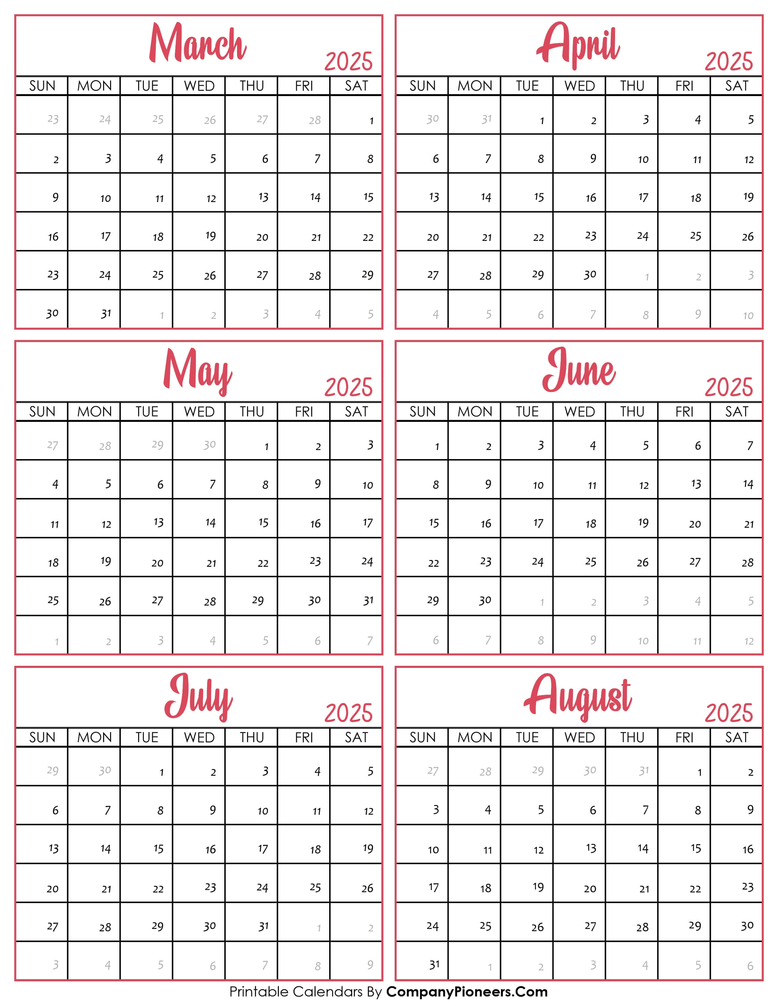 Calendar March to August 2025