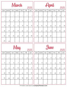 Calendar March to June 2025