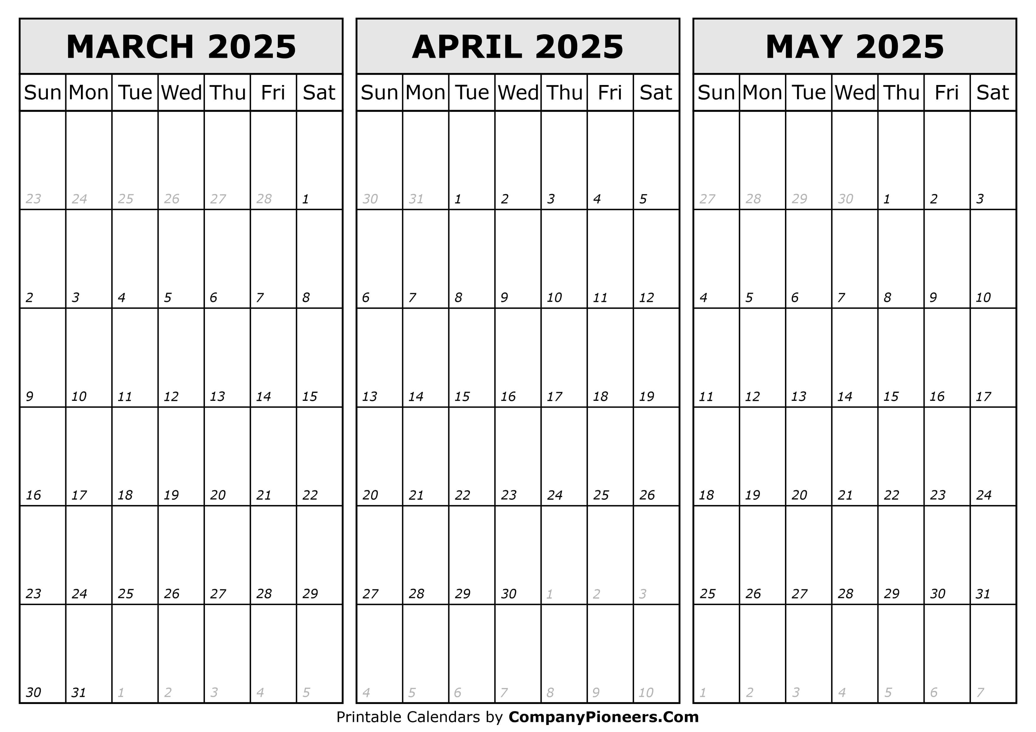 Calendar March to May 2025