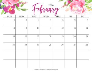 Cute February 2026 Calendar Multi Flower