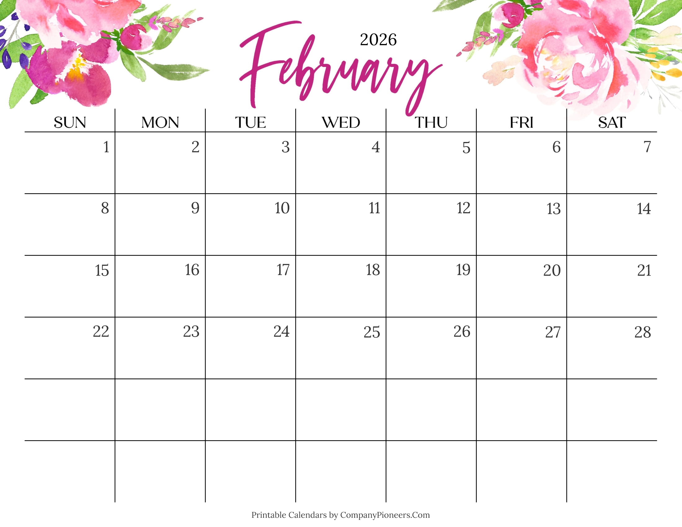 Cute February 2026 Calendar Multi Flower