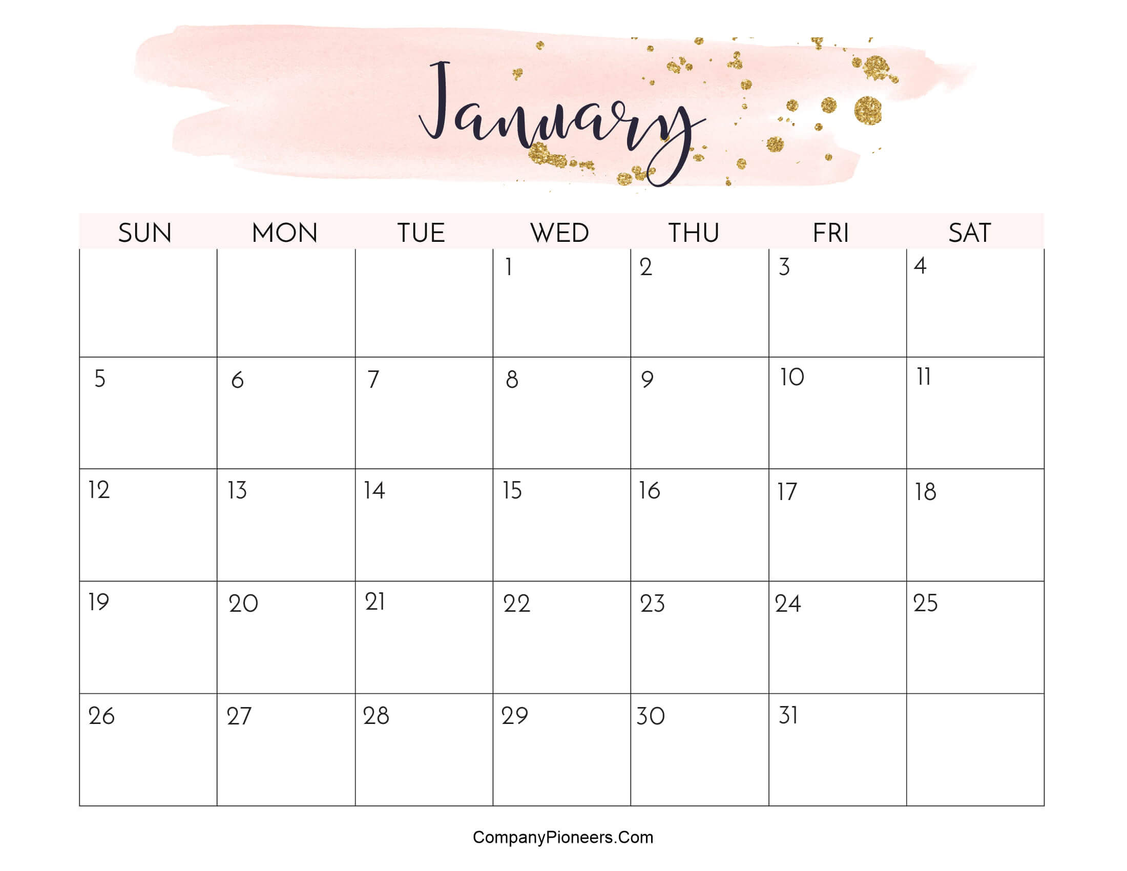 Cute January 2025 Calendar Printable Water Color
