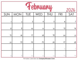 February 2026 Calendar Printable Pink Header