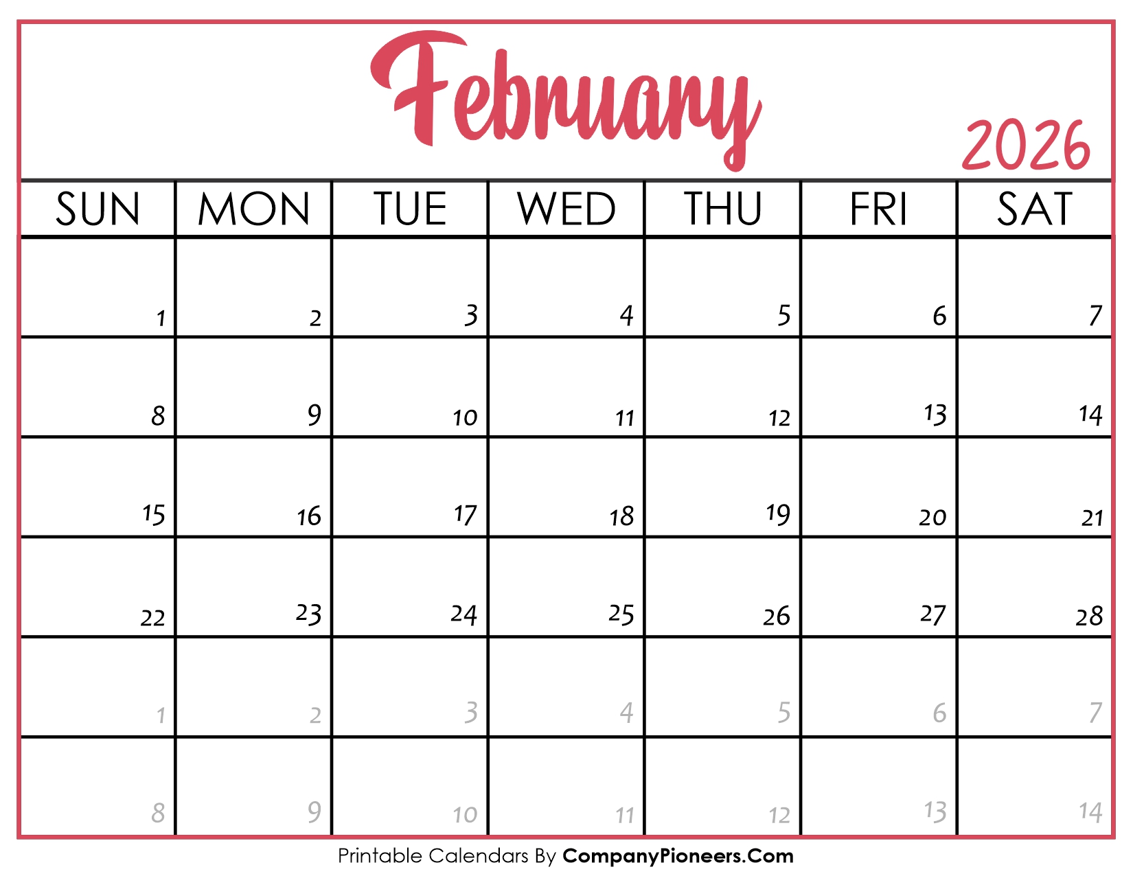 February 2026 Calendar Printable Pink Header