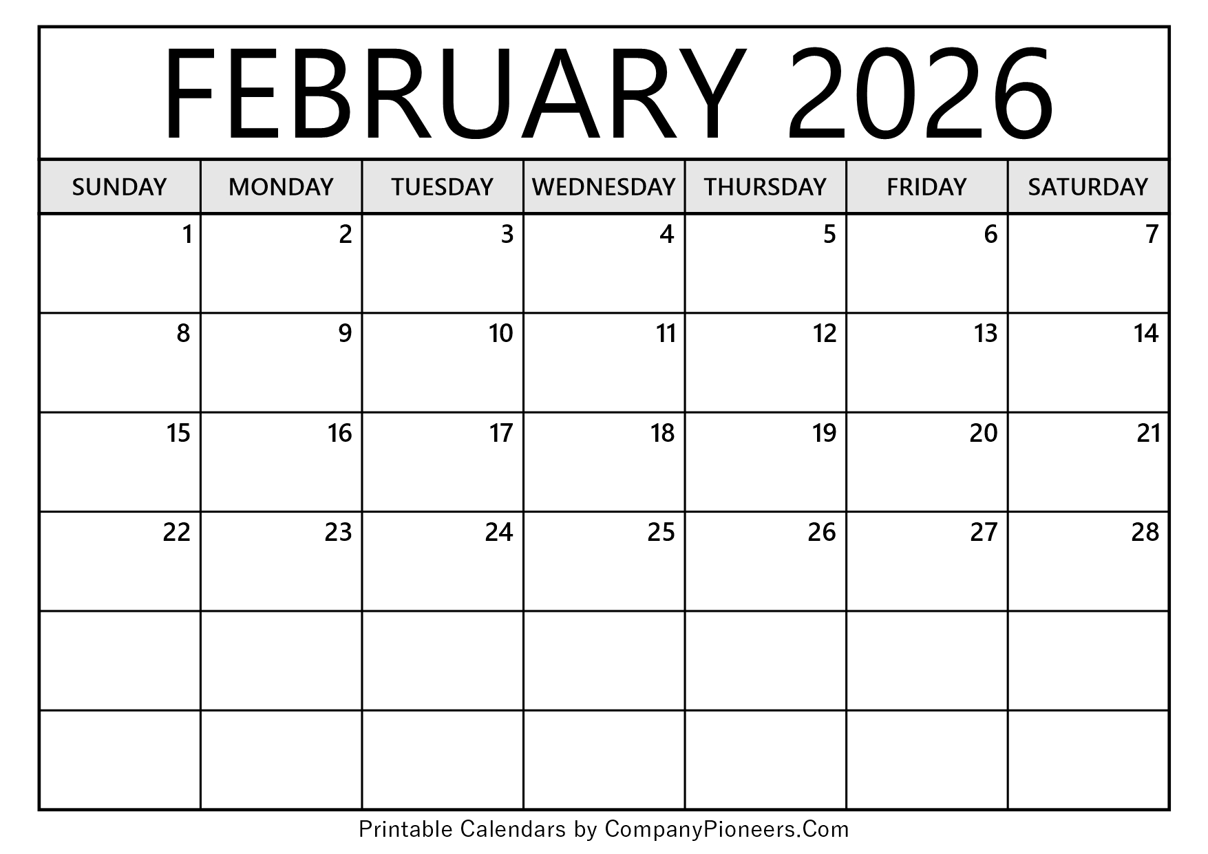 February 2026 Calendar Template Blank