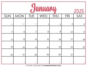 January 2025 Calendar Printable Pink Header