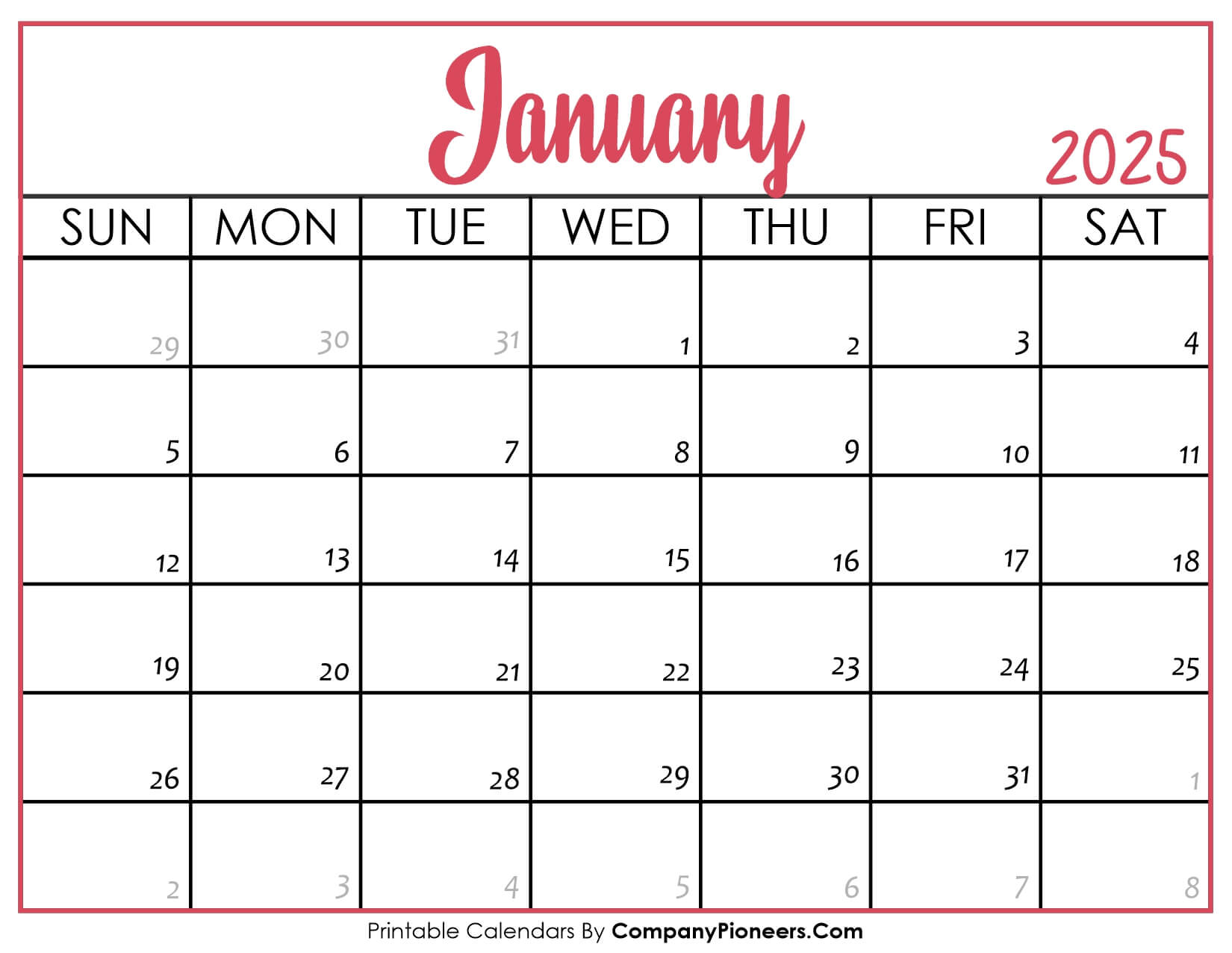 January 2025 Calendar Printable Pink Header