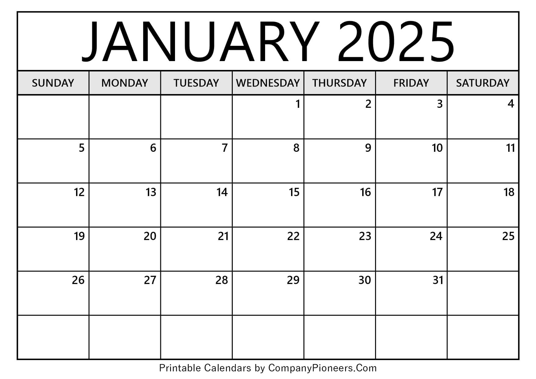 January 2025 Calendar Template Blank