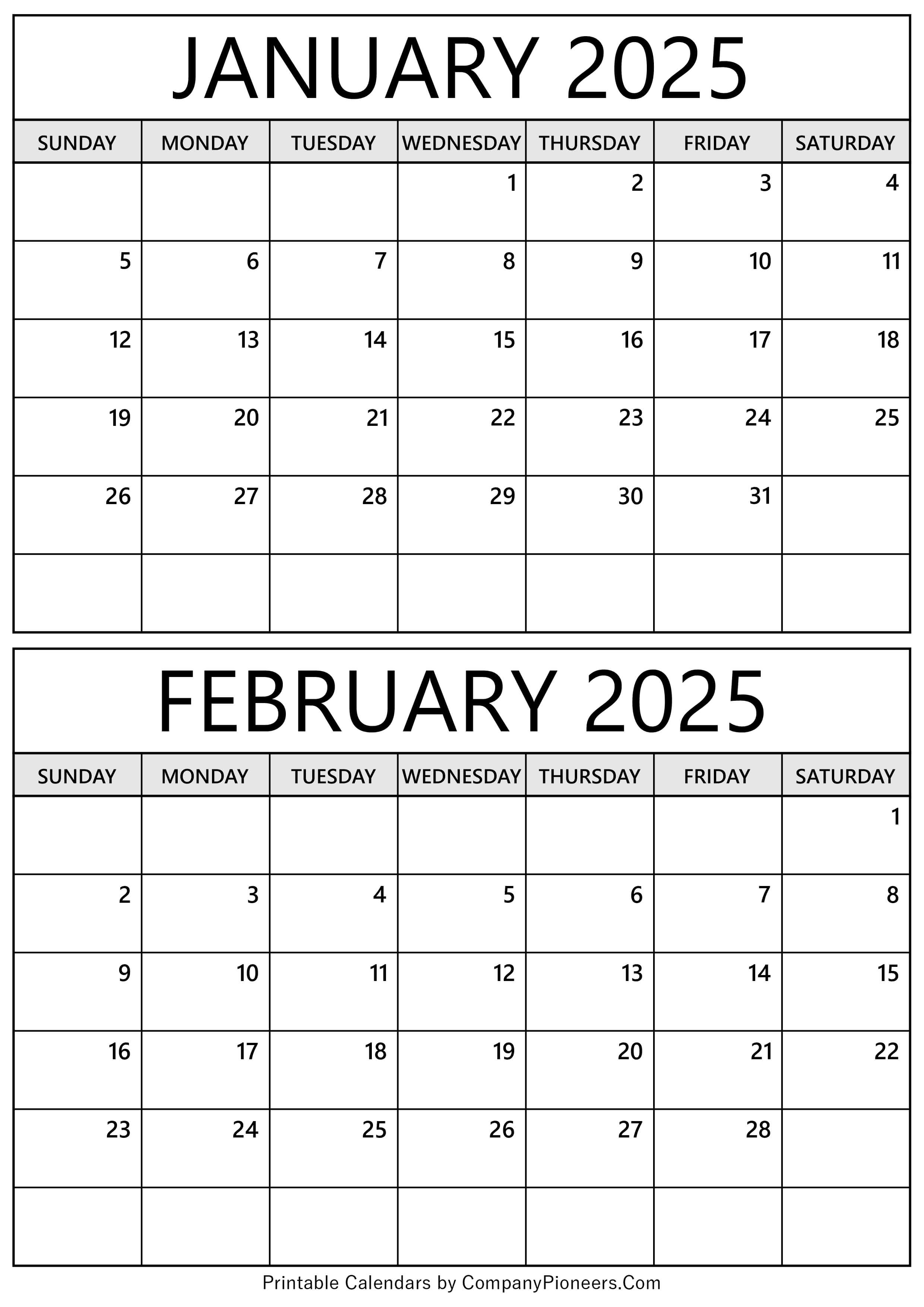 January February 2025 Calendar