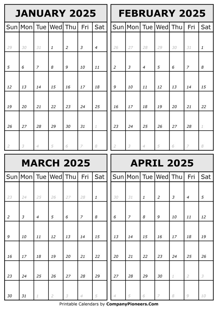 January to April 2025 Calendar Printable Template