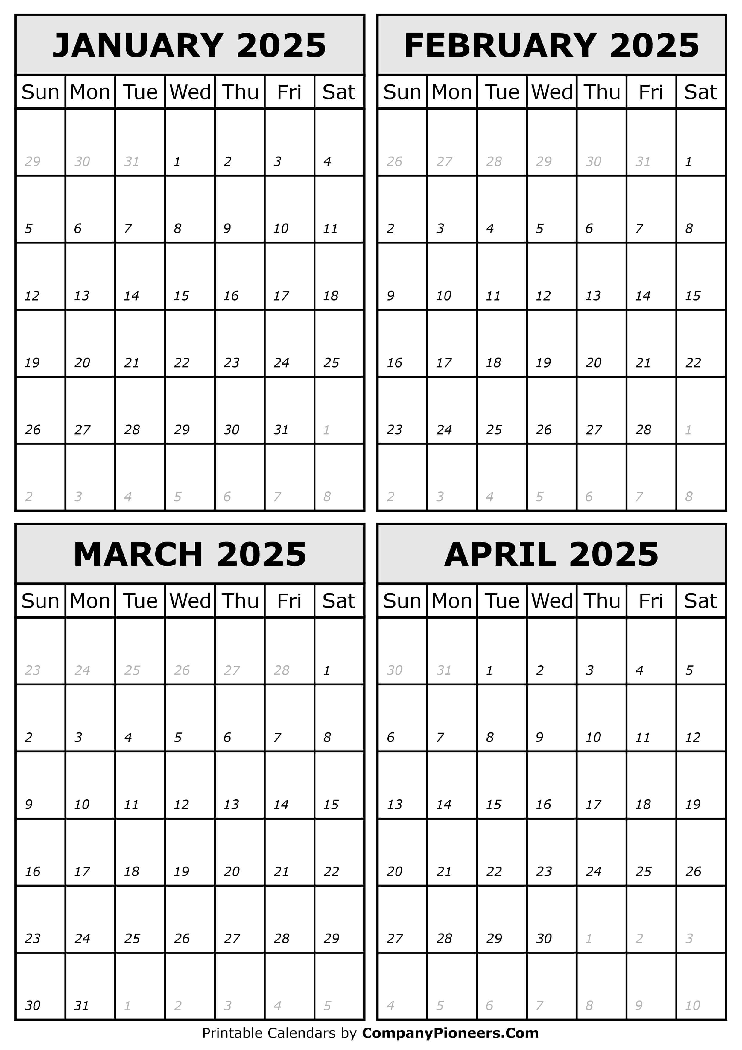 January February March April 2025 Calendar