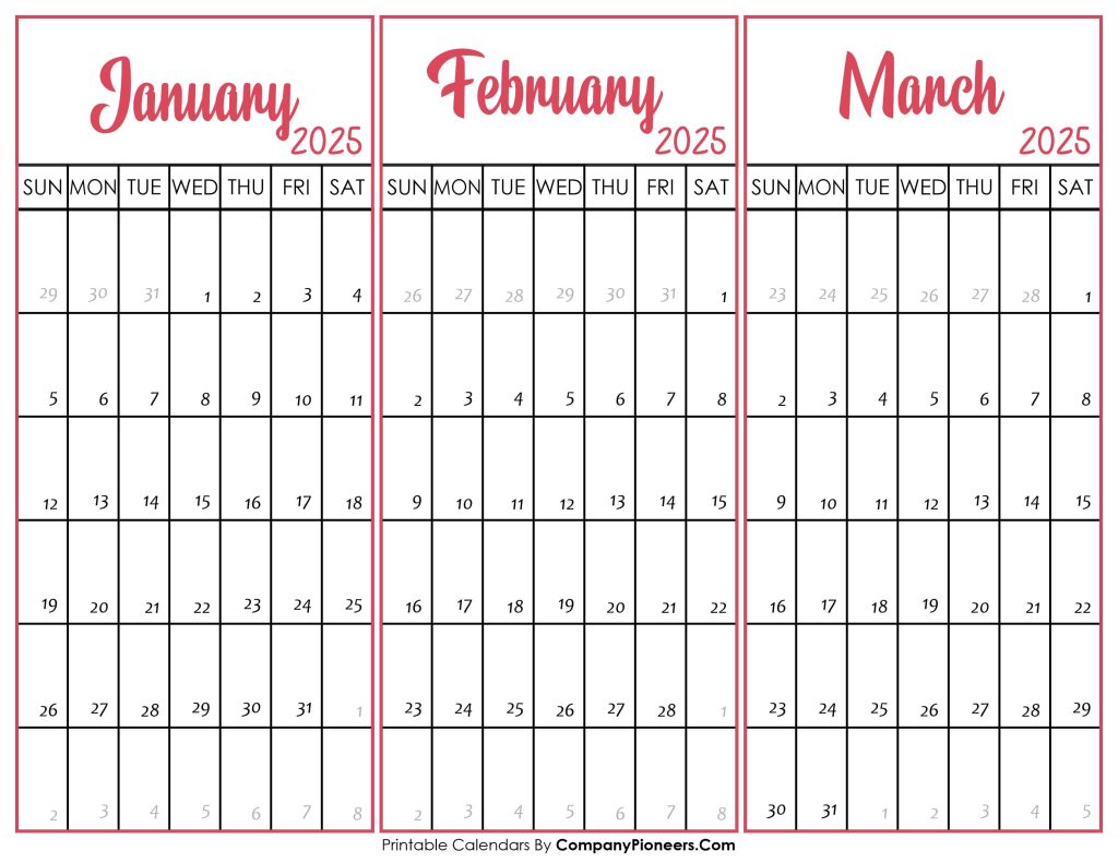 January February March 2025 Calendar Printable Template