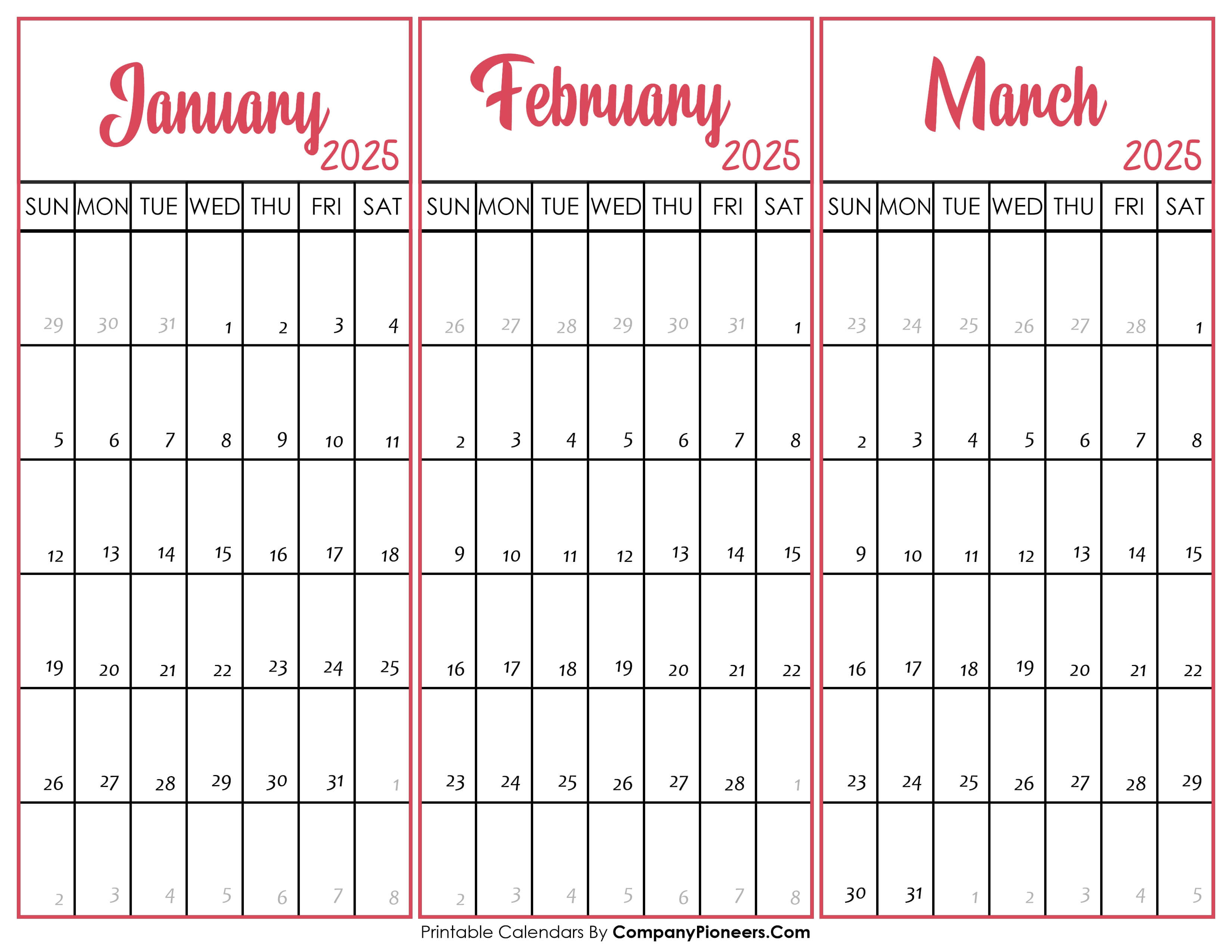 January February and March 2025 Calendar