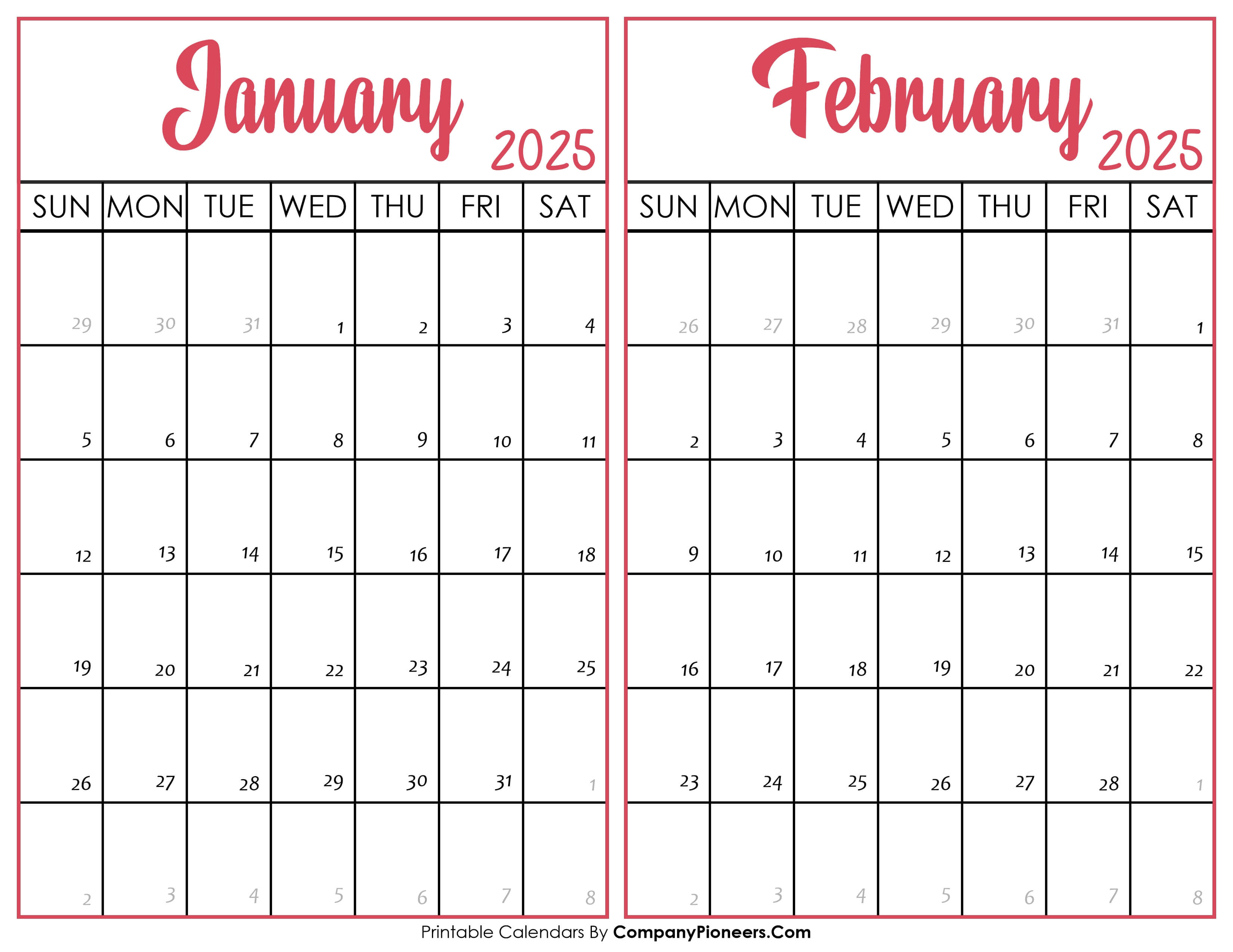 January and February Calendar 2025