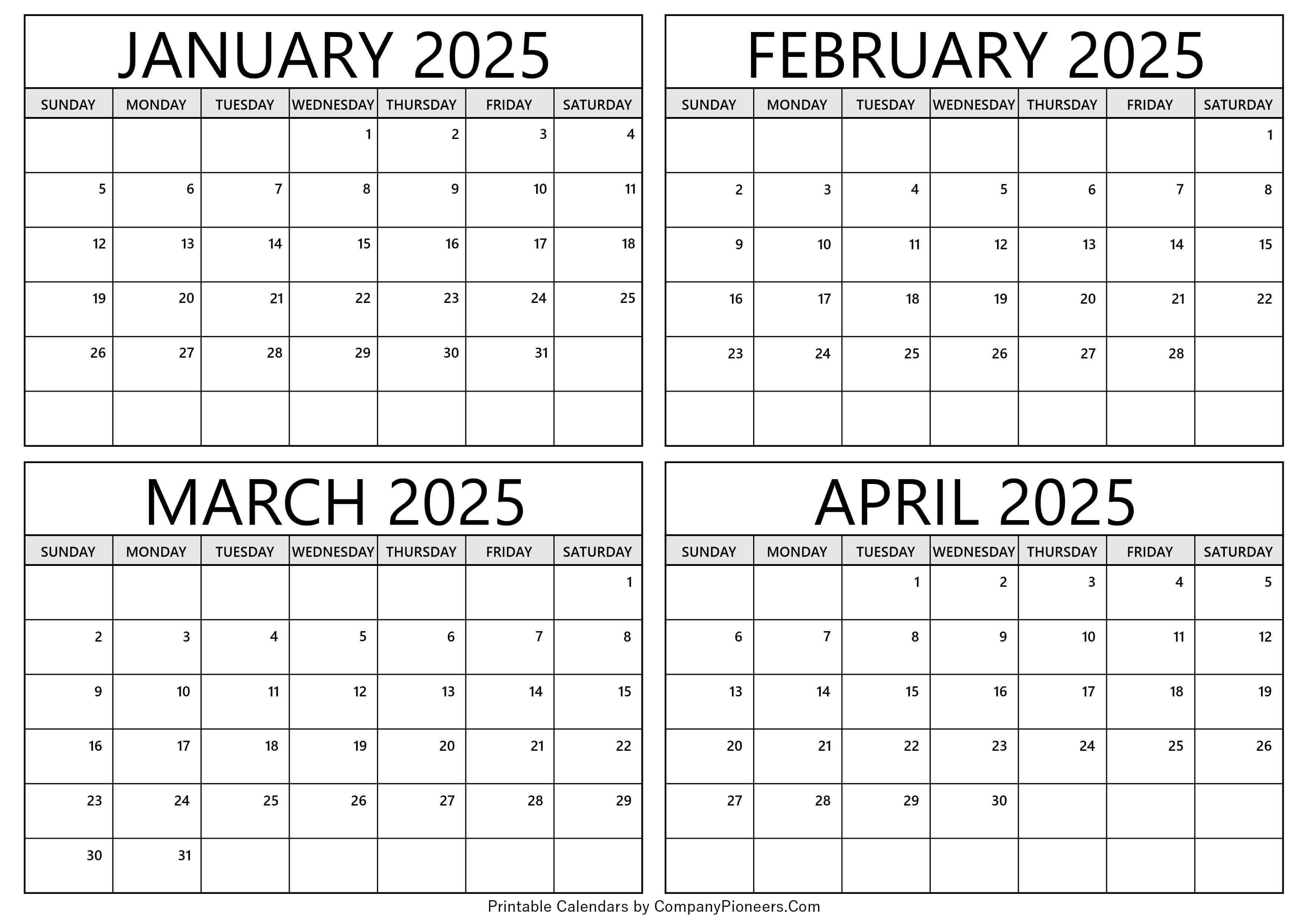 January to April 2025 Calendar