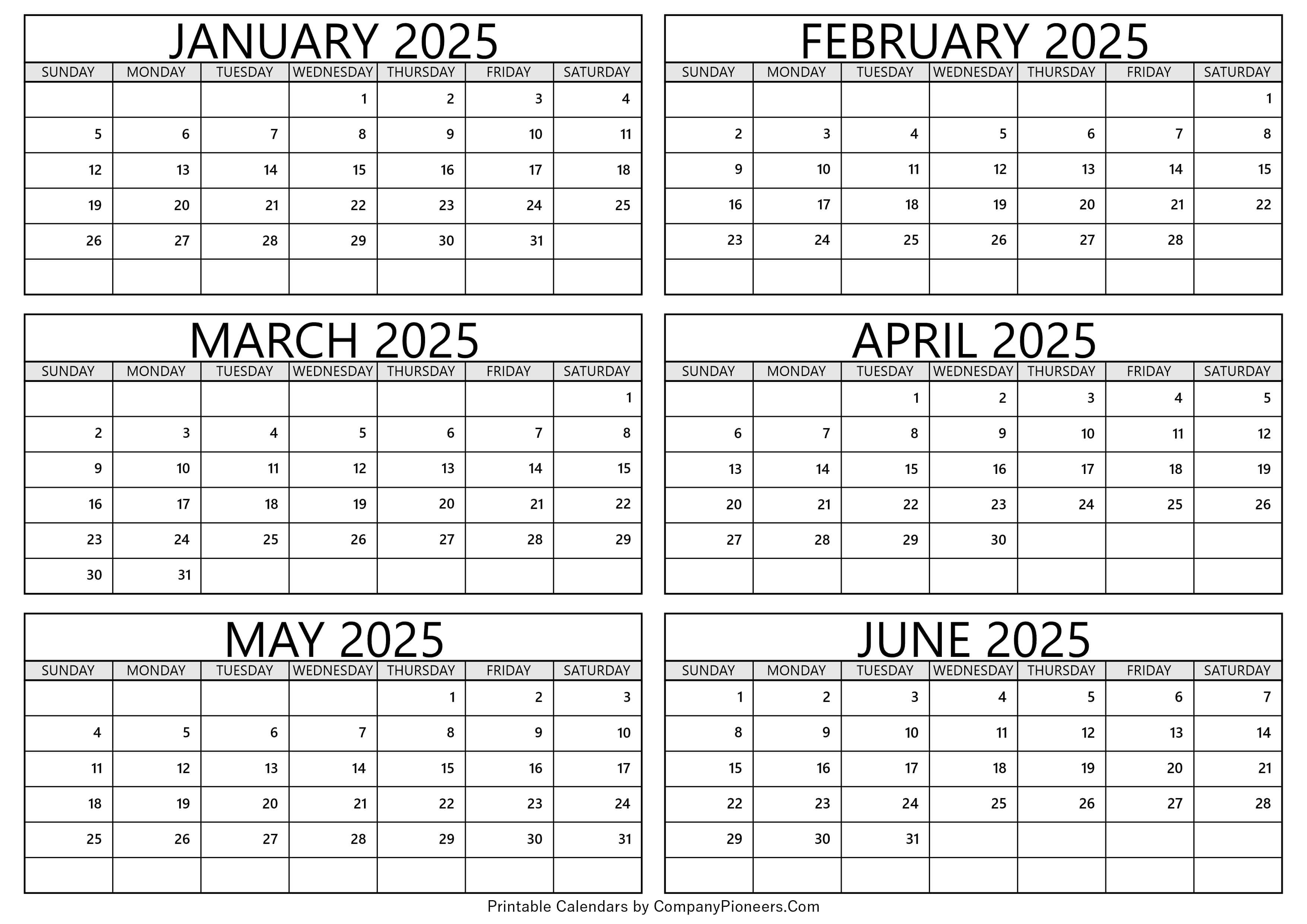 January to June 2025 Calendar