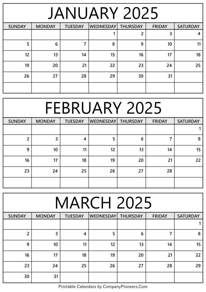 January February March 2025 Calendar Printable Template