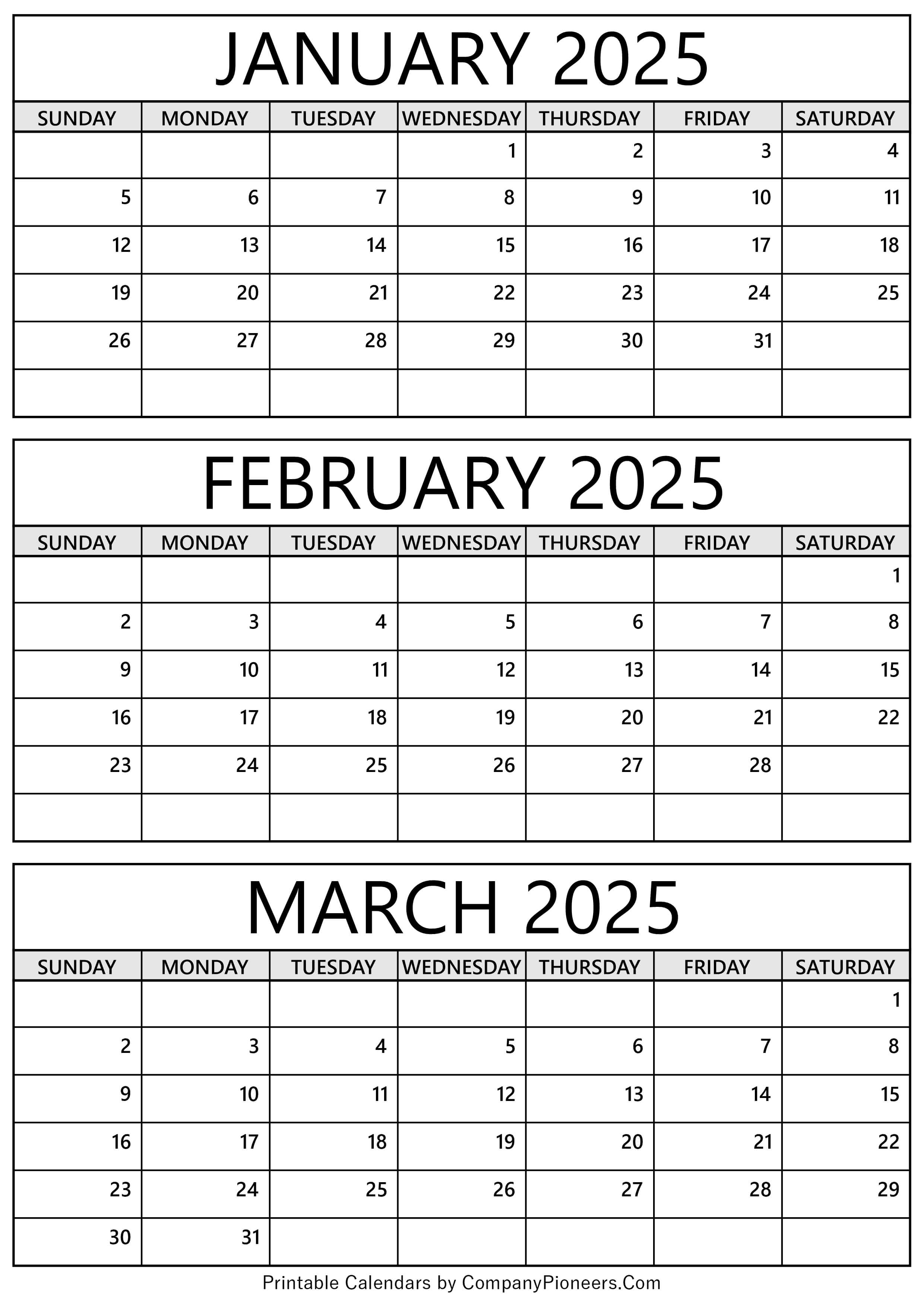 January to March 2025 Calendar