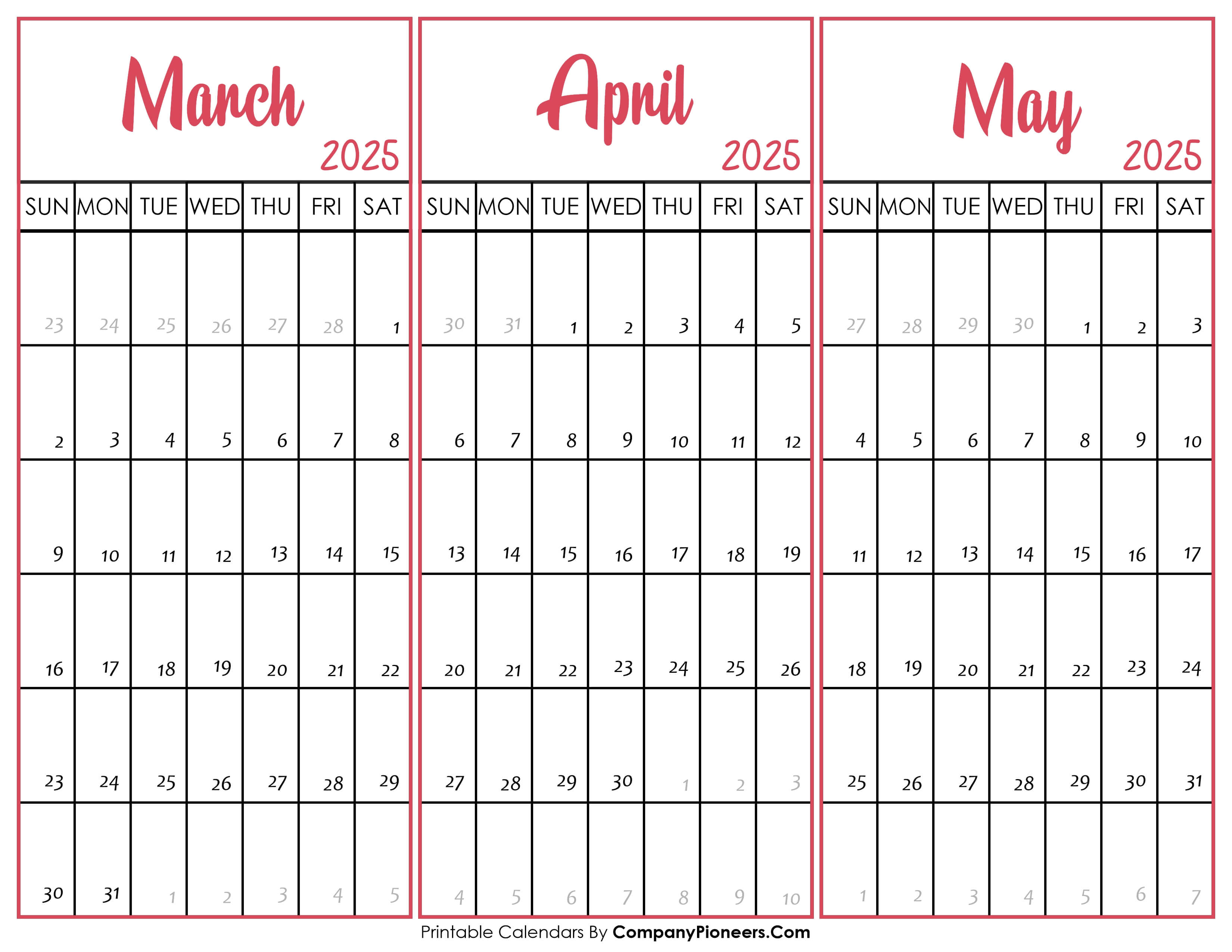 March April and May 2025 Calendar