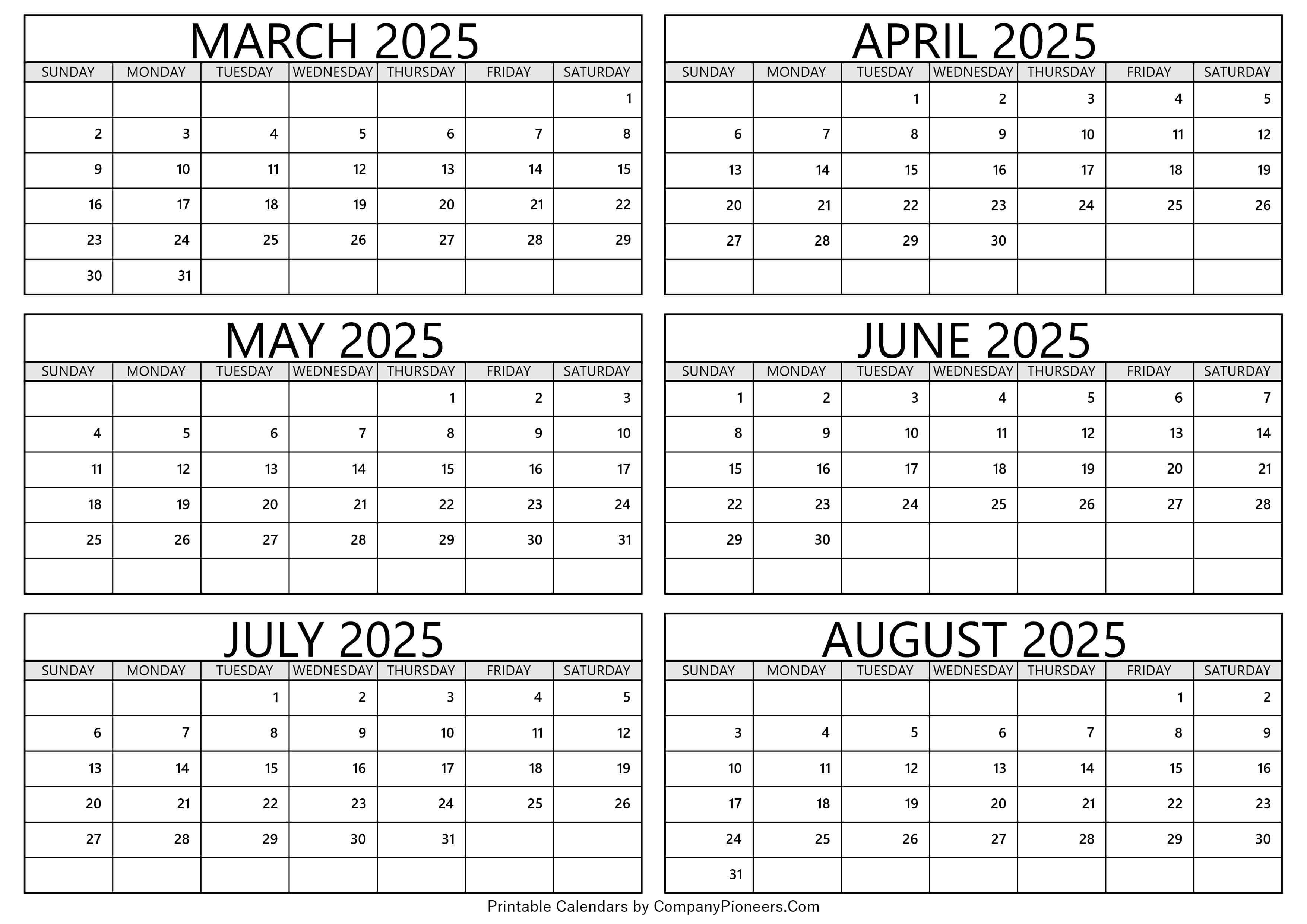 March to August 2025 Calendar