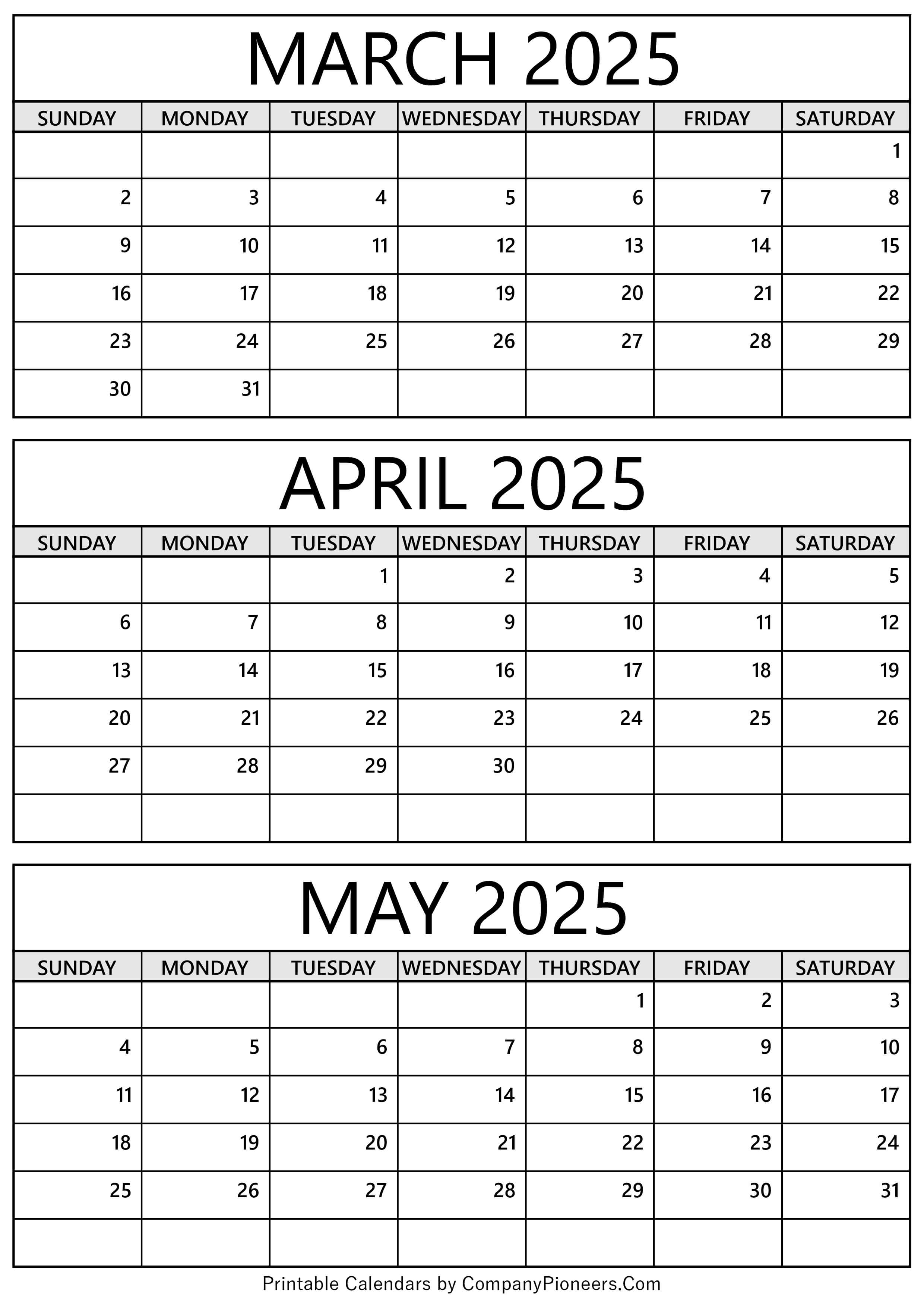 March to May 2025 Calendar