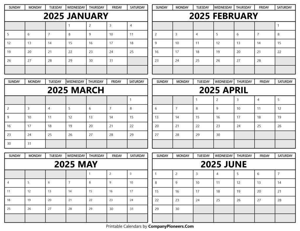 January to June 2025 Calendar Printable Template