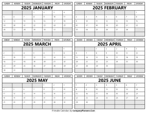 Printable 2025 January to June Calendar