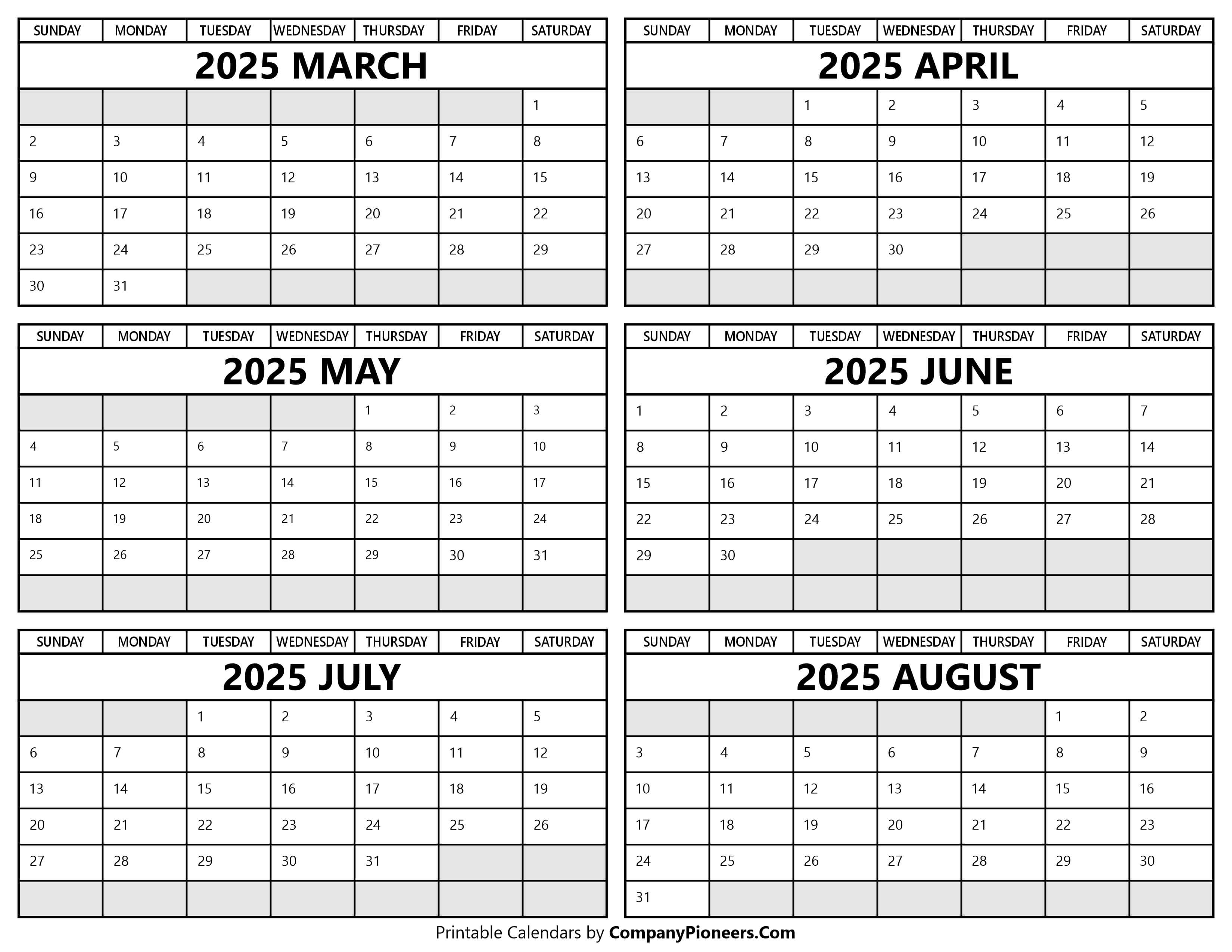 Printable 2025 March to August Calendar