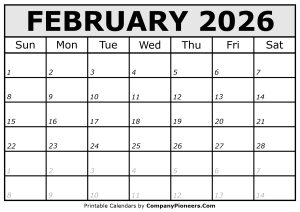 Printable February 2026 Calendar Italic Font