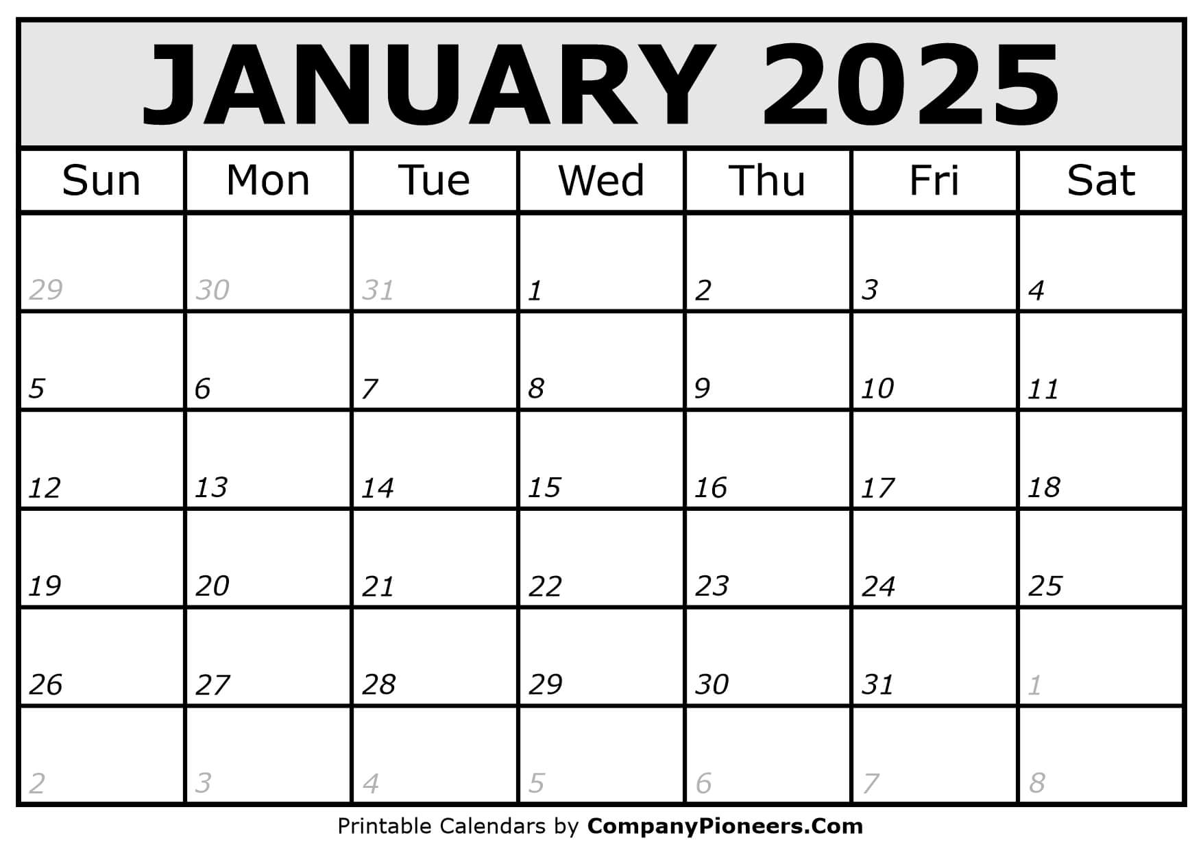Printable January 2025 Calendar Italic Font